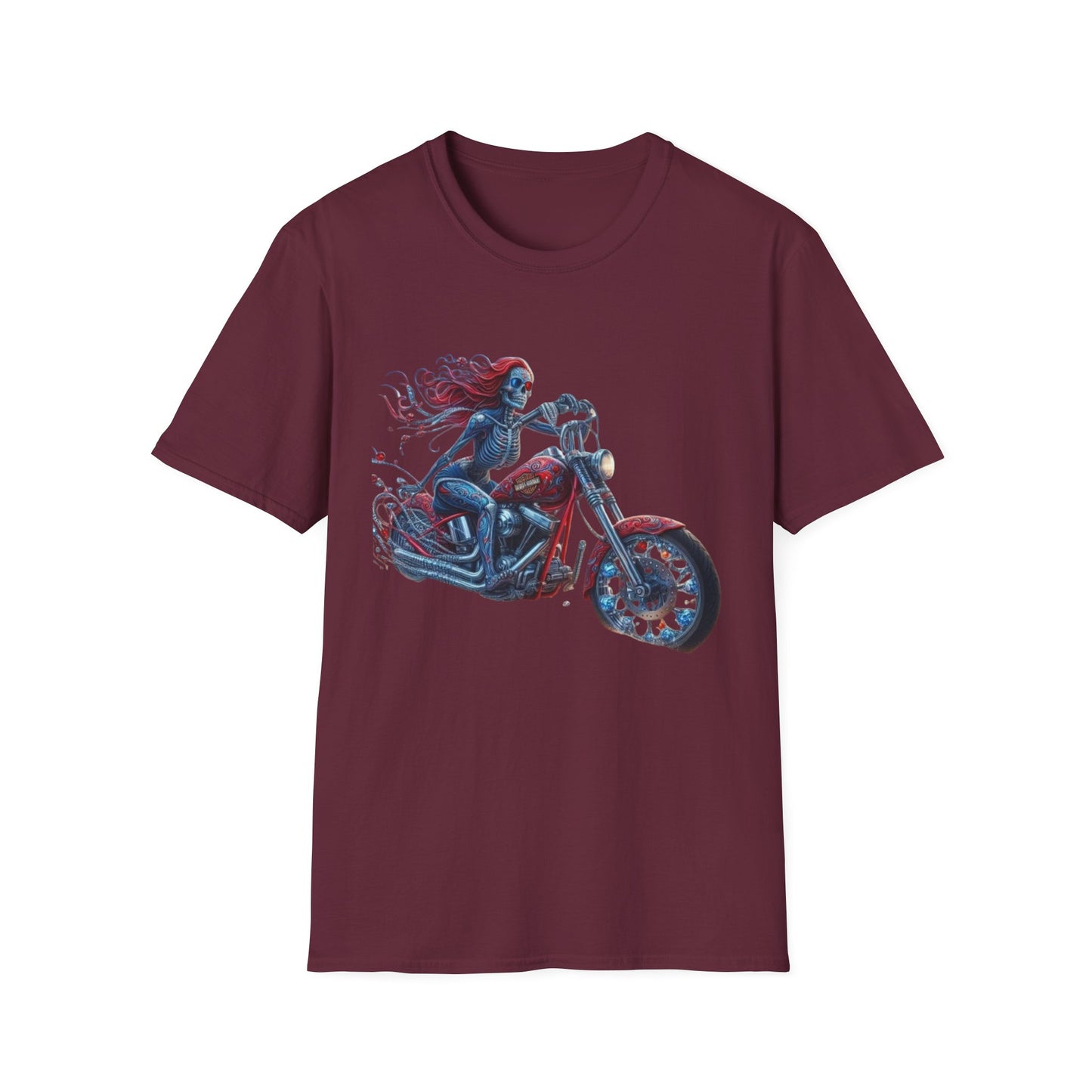 Woman Skeleton Biker T-Shirt Maroon Printify T-Shirt Rhythm & Drip Apparel