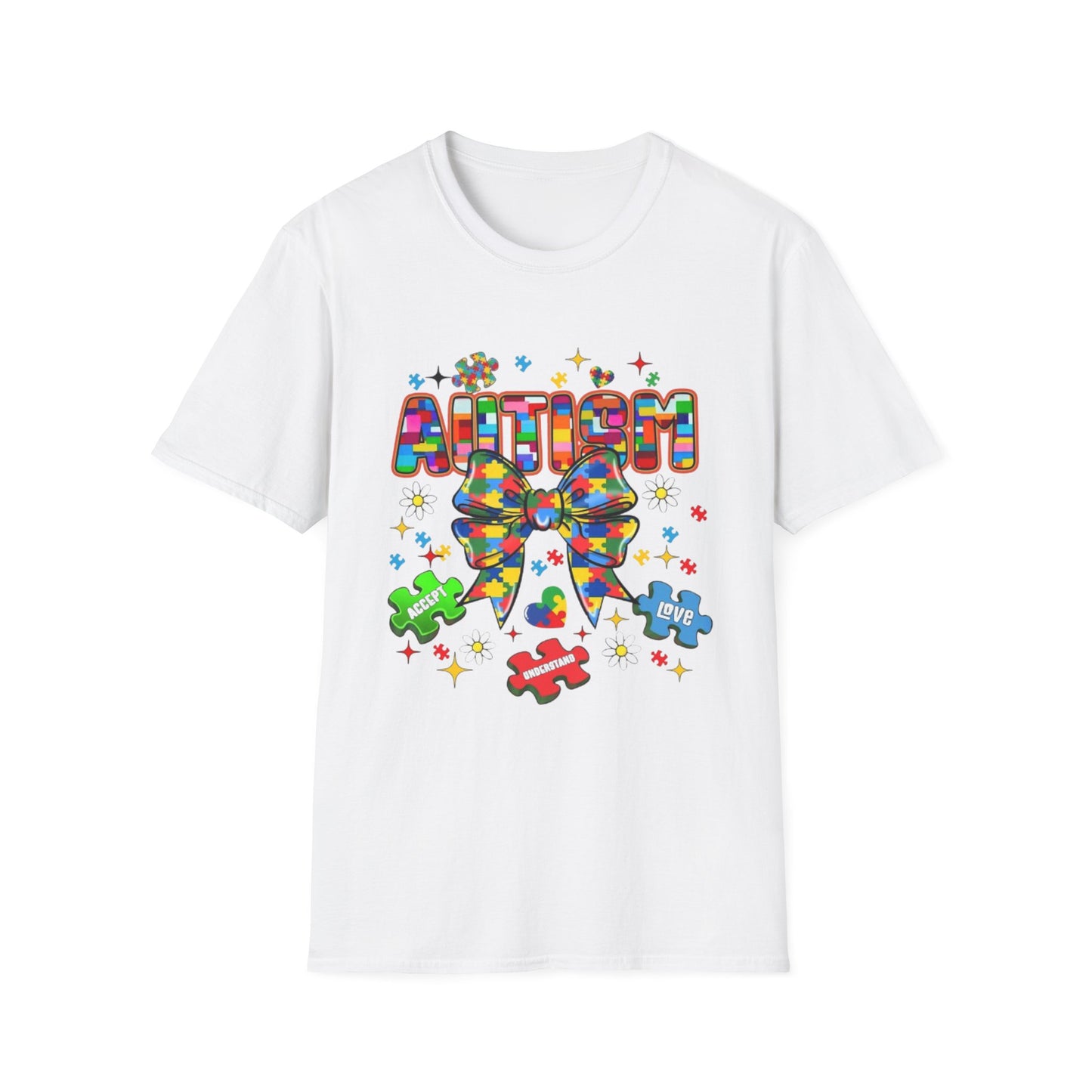 Autism- Autism Awareness Bow T-Shirt White Printify T-Shirt Rhythm & Drip Apparel