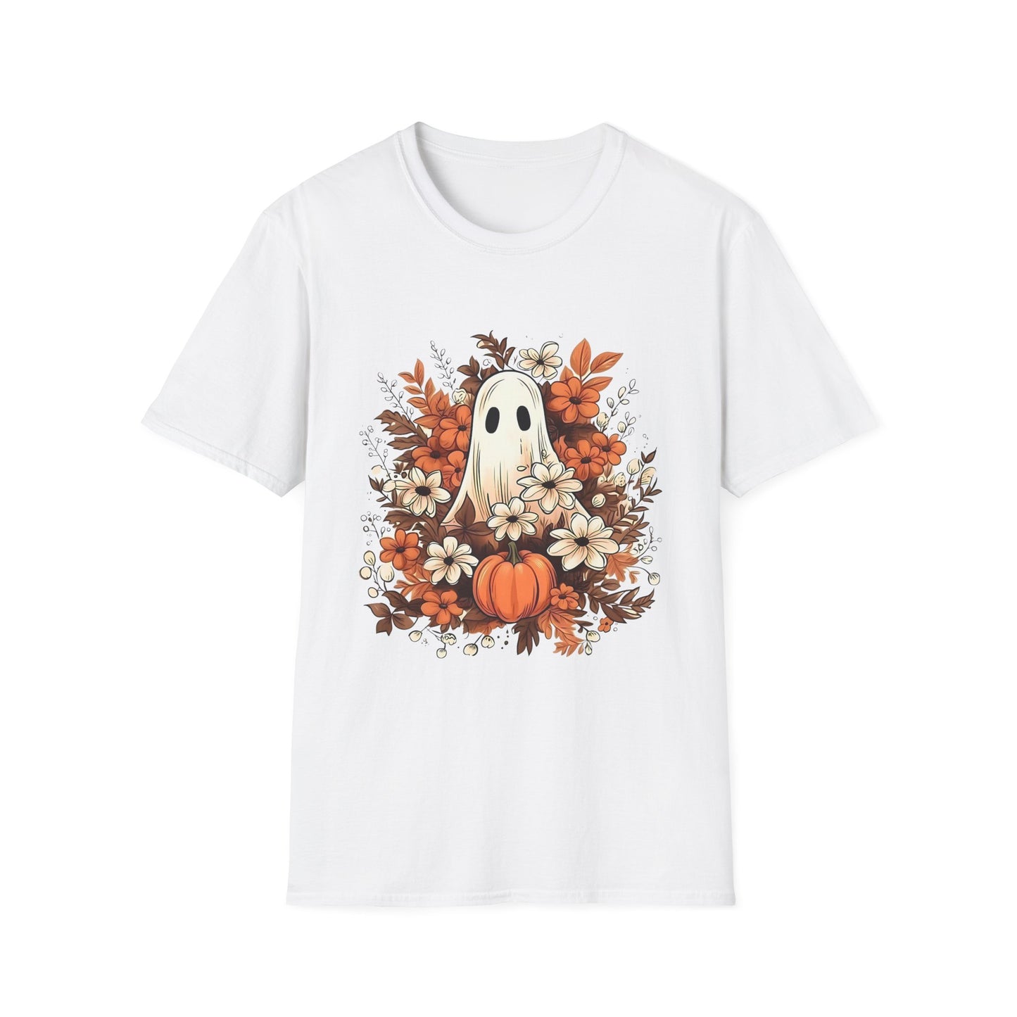 Autumn Ghost Unisex T-Shirt, Fall Apparel, Halloween Tee, Cute Pumpkin Shirt, Cozy Fall Fashion, Gift Idea for Halloween Lovers White Printify T-Shirt Rhythm & Drip Apparel