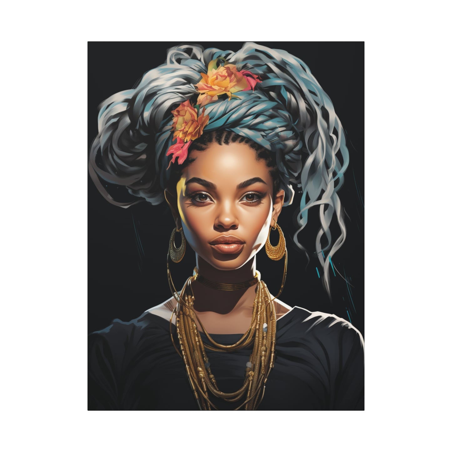 Woman- Bold Afro Woman Canvas Art, Black Art Print, Floral Wall Decor, Modern Home Decor, African American Artwork 36" x 48" (Vertical) 1.25" Rhythm & Drip Canvas Rhythm & Drip Apparel