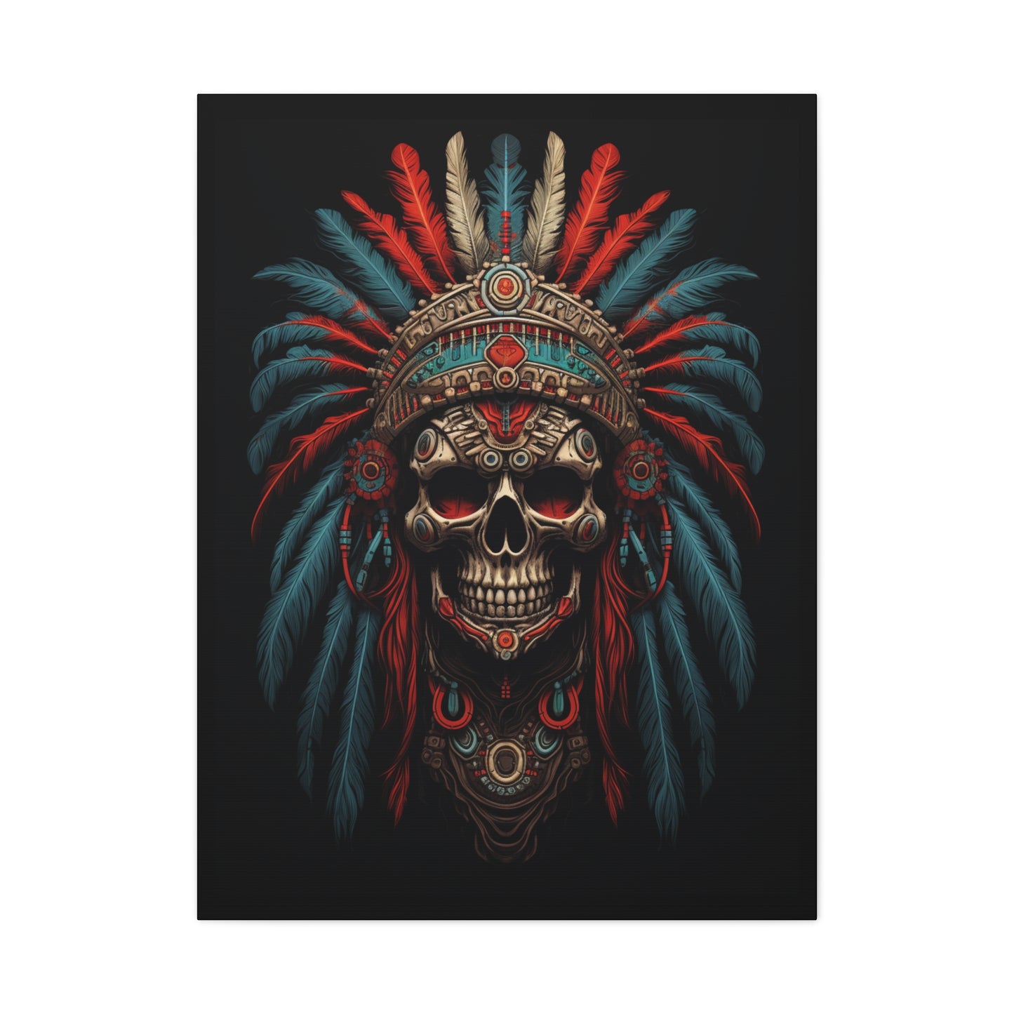 Skull- Bohemian Skull Warrior Canvas Art Print, Stretched Artwork for Home Decor, Tribal Wall Art, Unique Gift, Boho Aesthetic 30" x 40" (Vertical) 1.25" Rhythm & Drip Canvas Rhythm & Drip Apparel