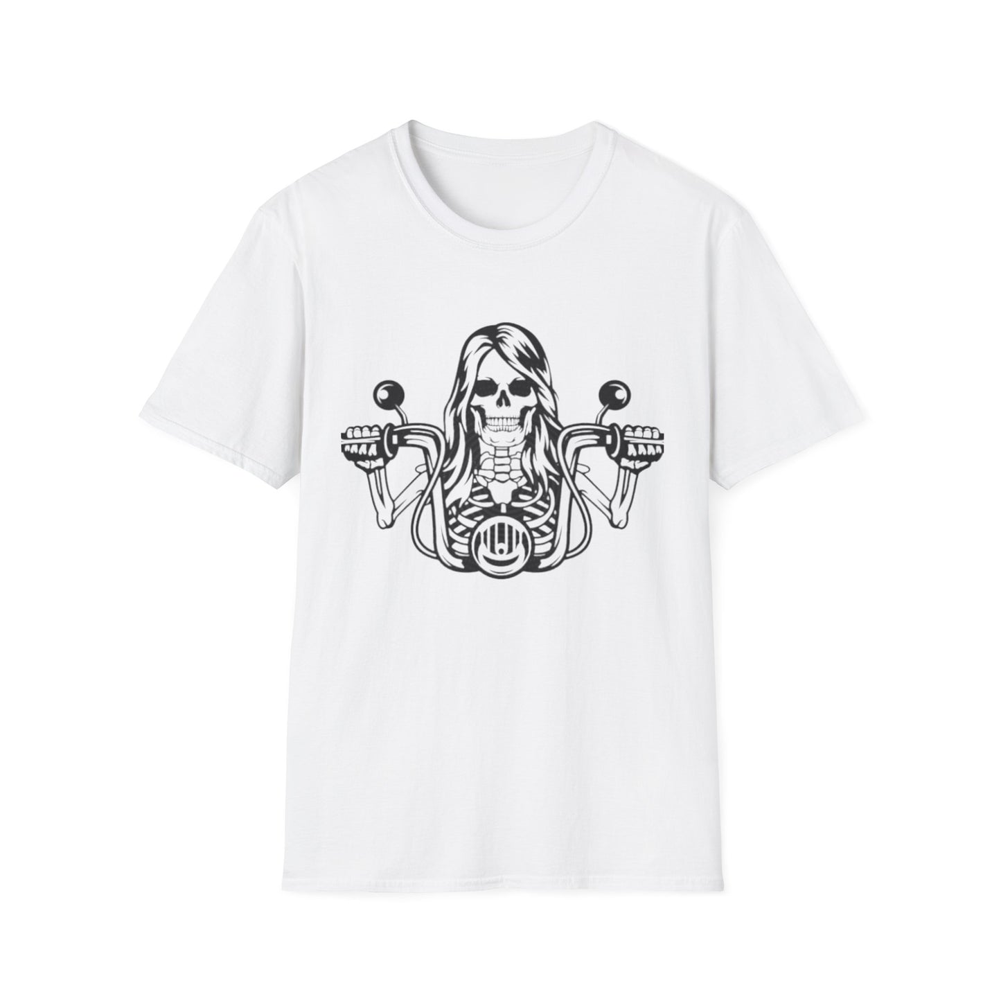 Woman Skeleton Biker T-Shirt White Printify T-Shirt Rhythm & Drip Apparel
