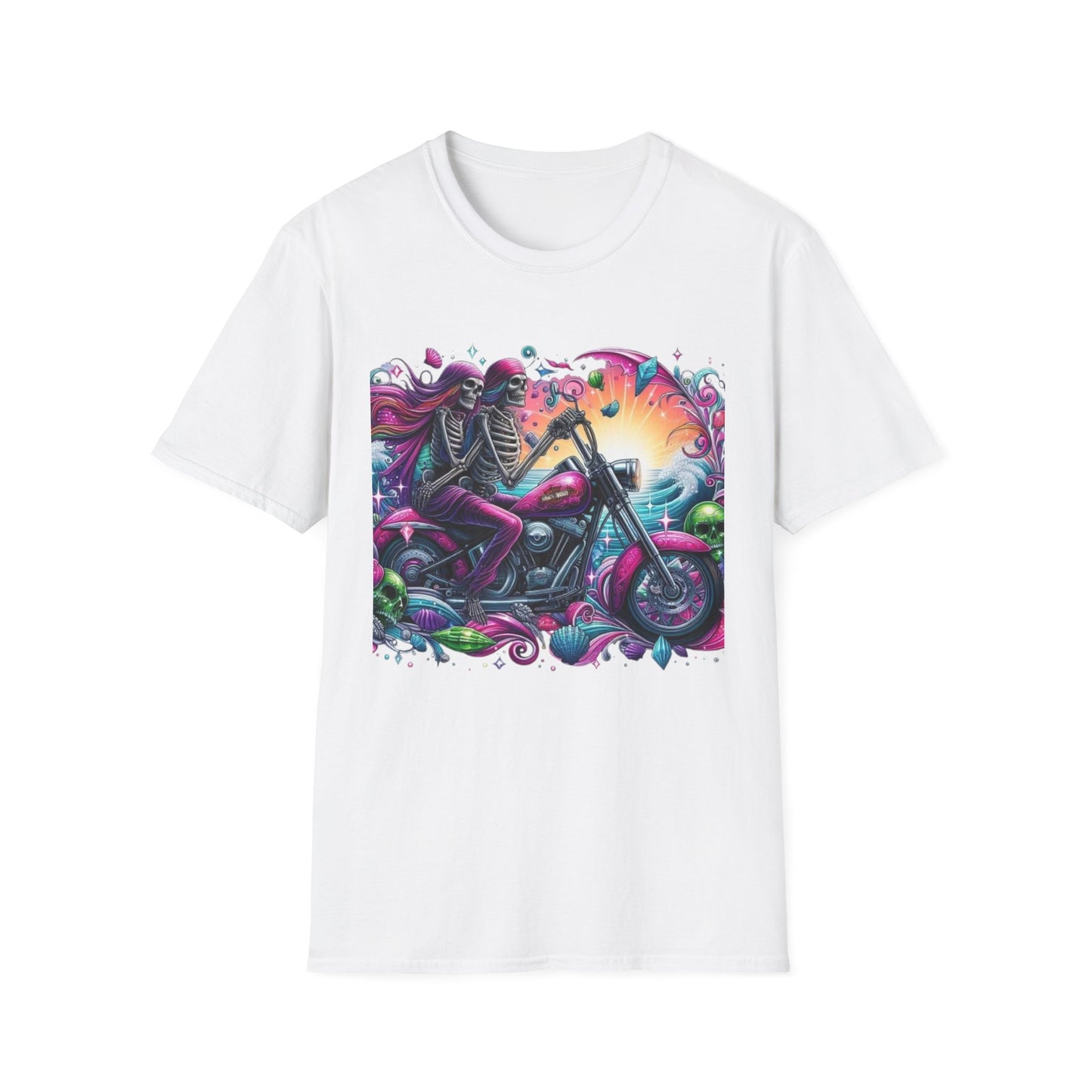 Woman & Man Skeleton Biker T-Shirt White Printify T-Shirt Rhythm & Drip Apparel