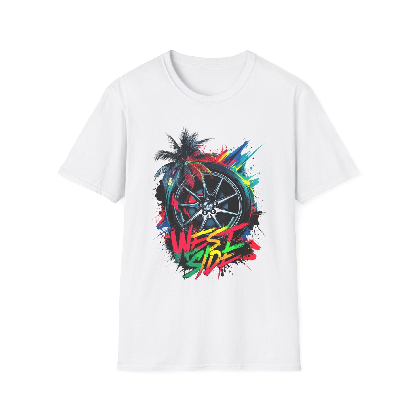 West Side Vibe Unisex Softstyle T-Shirt - Colorful Wheel & Palm Design White Printify T-Shirt Rhythm & Drip Apparel