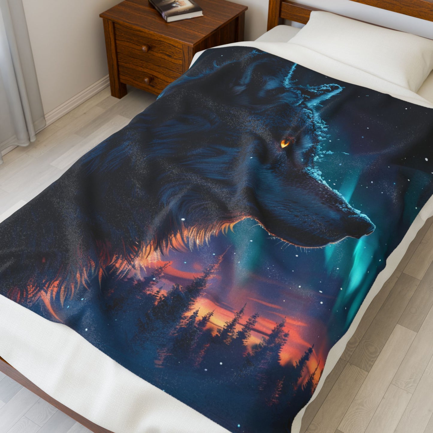 Wolf- Dreamy Wolf Velveteen Plush Blanket, Cozy Home Decor, Gift for Animal Lovers, Winter Nights, Snuggly Bed Throw Printify All Over Prints Rhythm & Drip Apparel