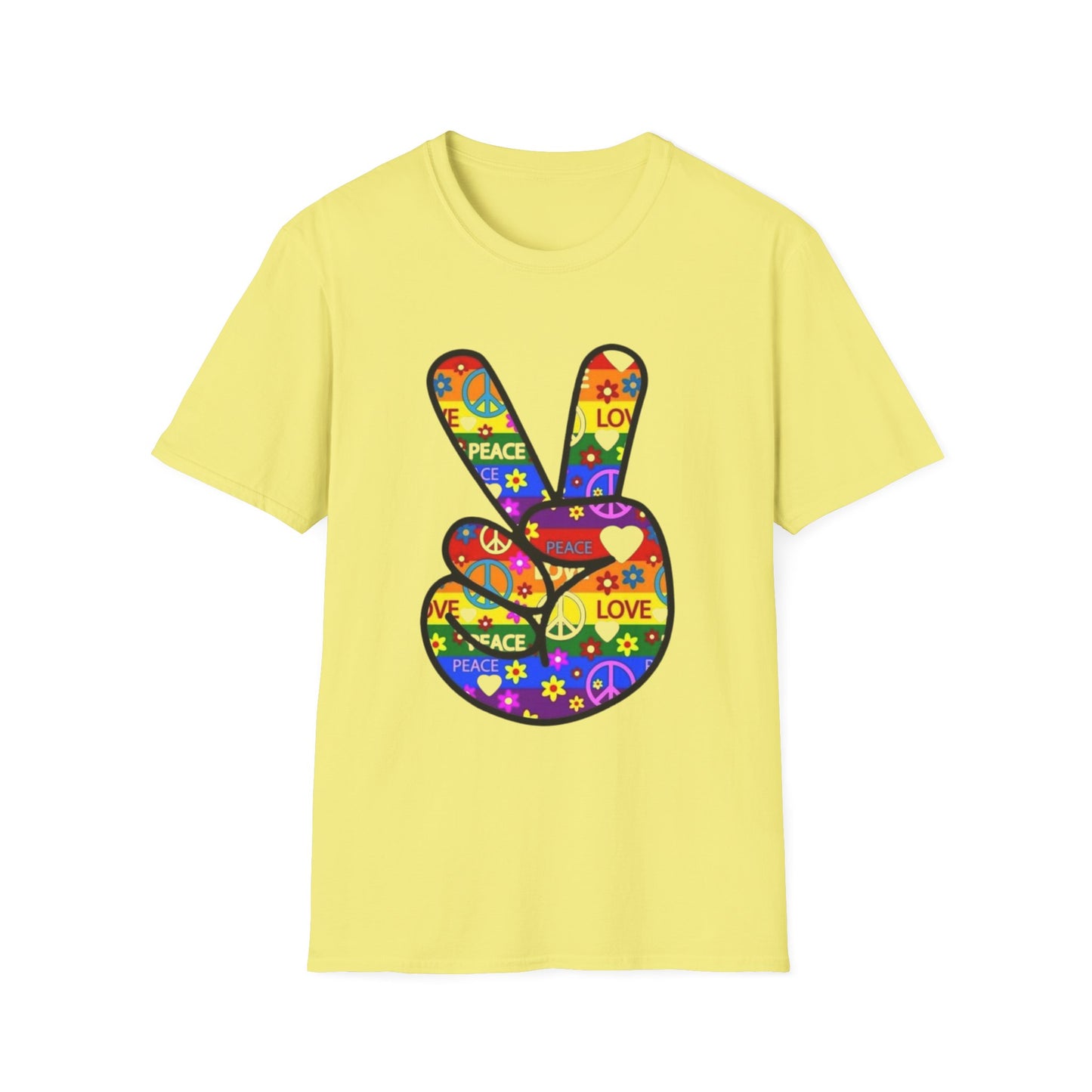 Colorful Peace and Love T-Shirt Cornsilk Printify T-Shirt Rhythm & Drip Apparel