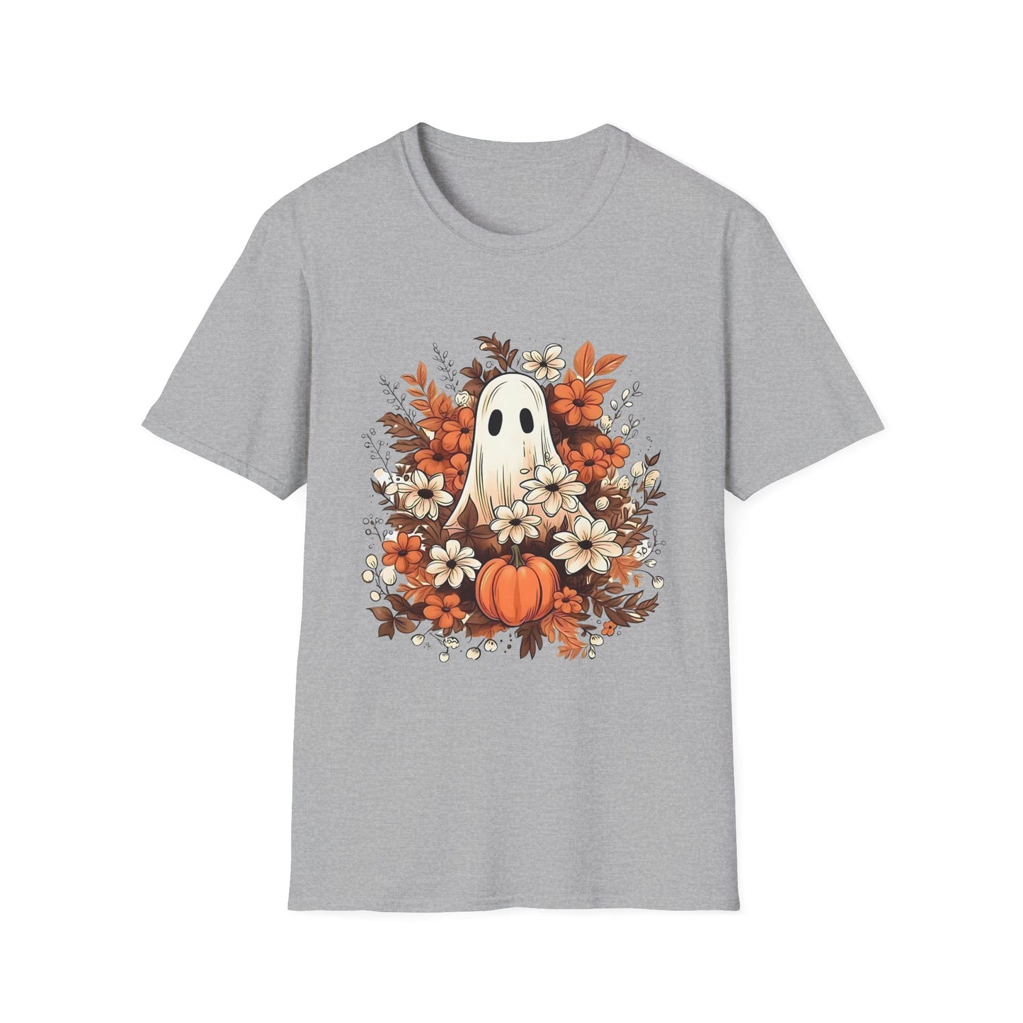 Autumn Ghost Unisex T-Shirt, Fall Apparel, Halloween Tee, Cute Pumpkin Shirt, Cozy Fall Fashion, Gift Idea for Halloween Lovers Sport Grey Printify T-Shirt Rhythm & Drip Apparel