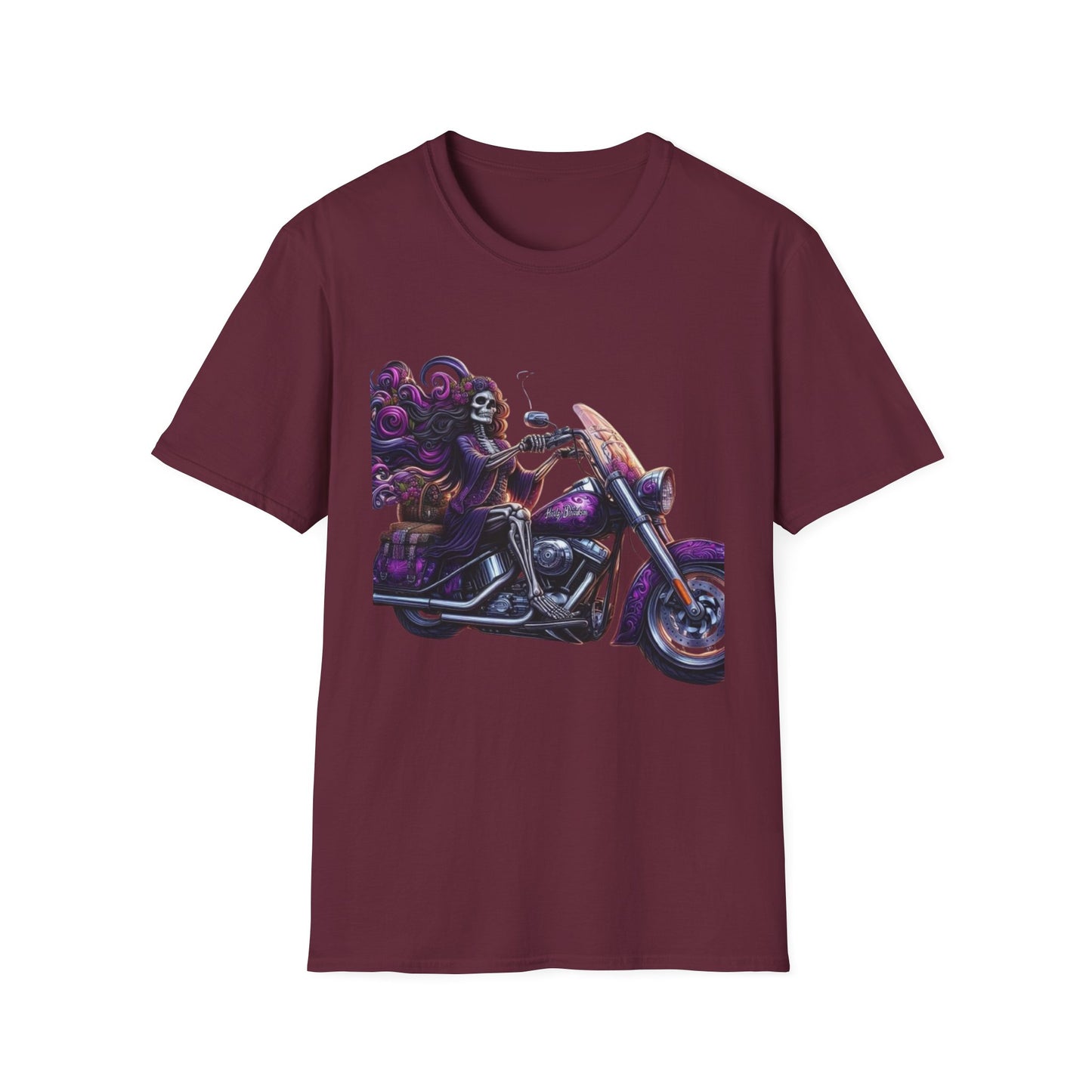 Woman Skeleton Biker T-Shirt Maroon Printify T-Shirt Rhythm & Drip Apparel