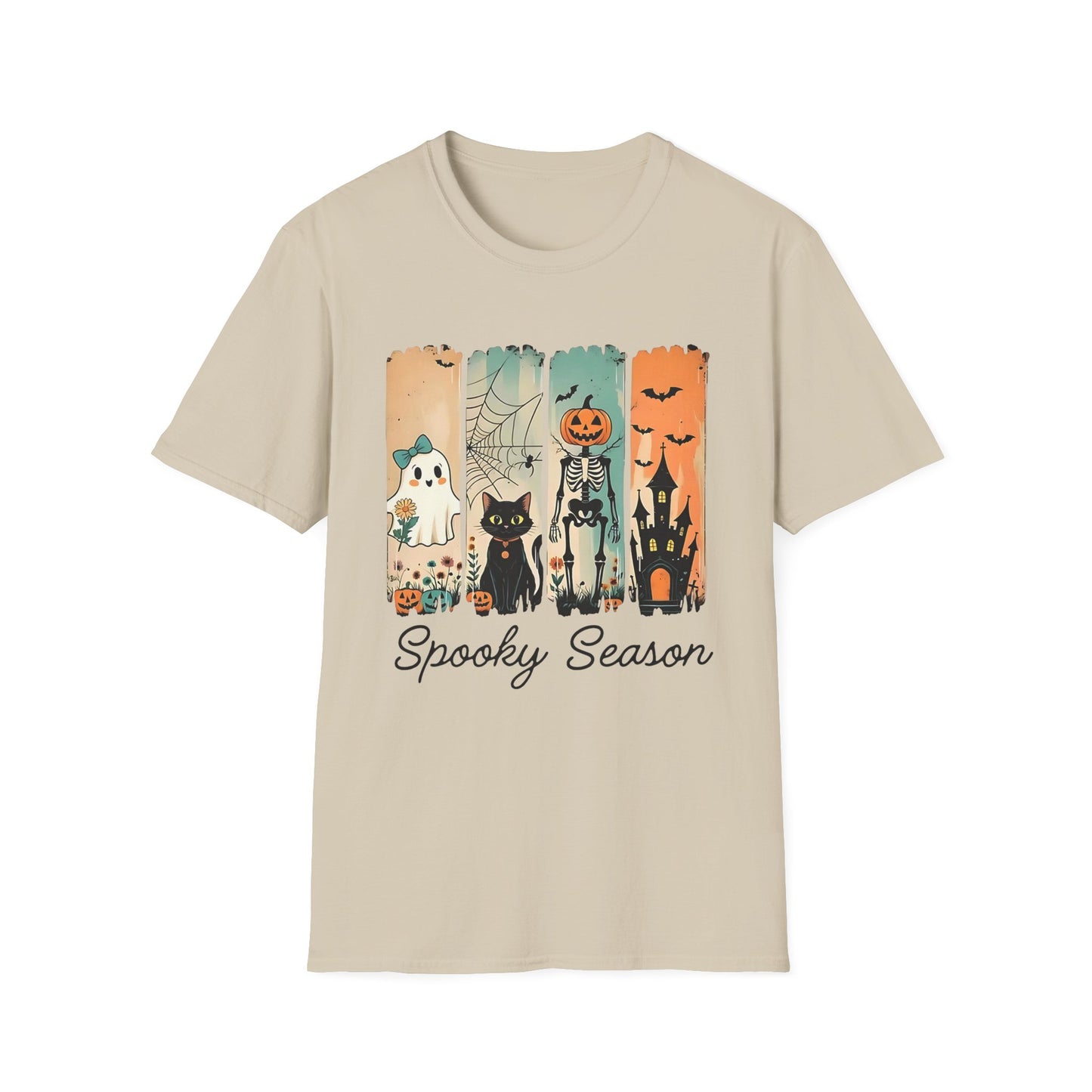 Cute Halloween Cat T-Shirt, Spooky Season Tee, Unisex Softstyle Shirt, Fall Fashion, Trick or Treat Outfit, Cat Lover Gift Sand Printify T-Shirt Rhythm & Drip Apparel