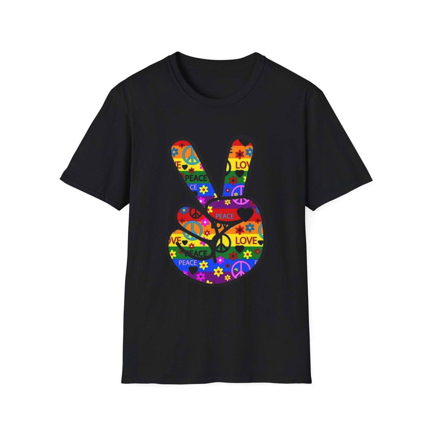 Colorful Peace and Love T-Shirt Black Printify T-Shirt Rhythm & Drip Apparel