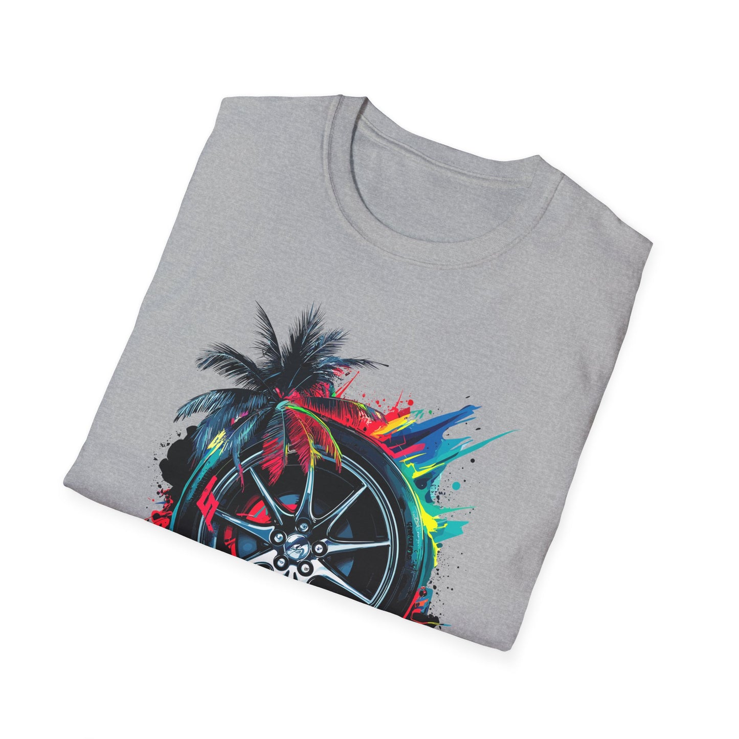 West Side Vibe Unisex Softstyle T-Shirt - Colorful Wheel & Palm Design Printify T-Shirt Rhythm & Drip Apparel