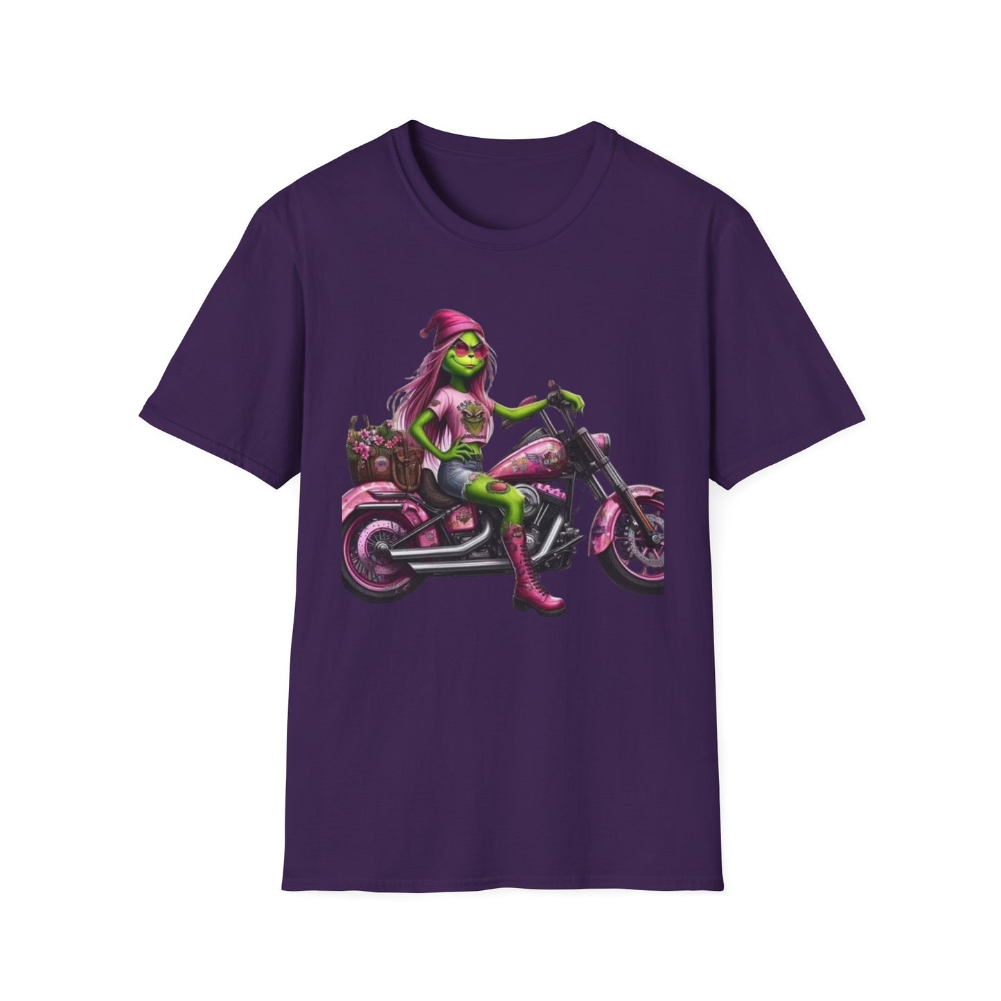 Woman Grinch Biker T-Shirt Purple Printify T-Shirt Rhythm & Drip Apparel