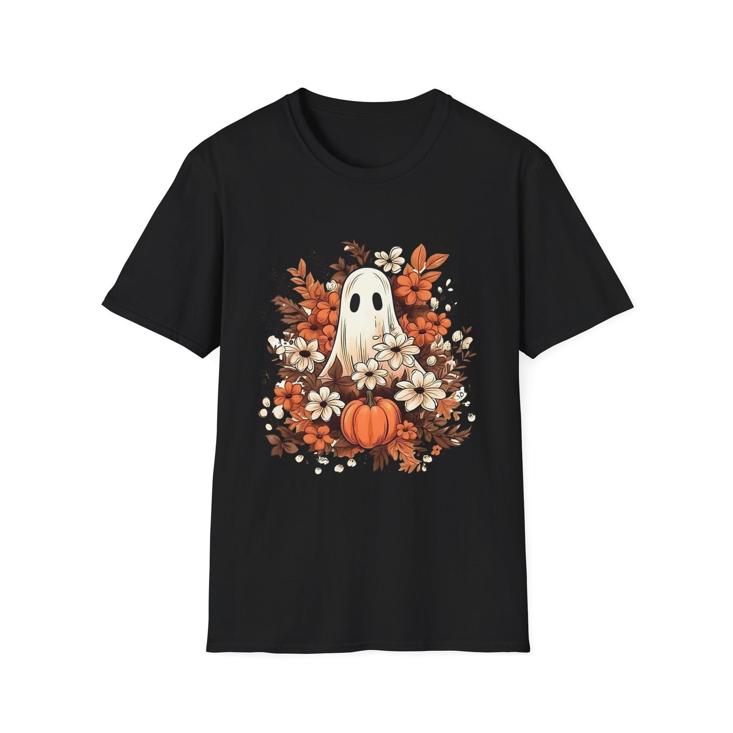 Autumn Ghost Unisex T-Shirt, Fall Apparel, Halloween Tee, Cute Pumpkin Shirt, Cozy Fall Fashion, Gift Idea for Halloween Lovers Black Printify T-Shirt Rhythm & Drip Apparel