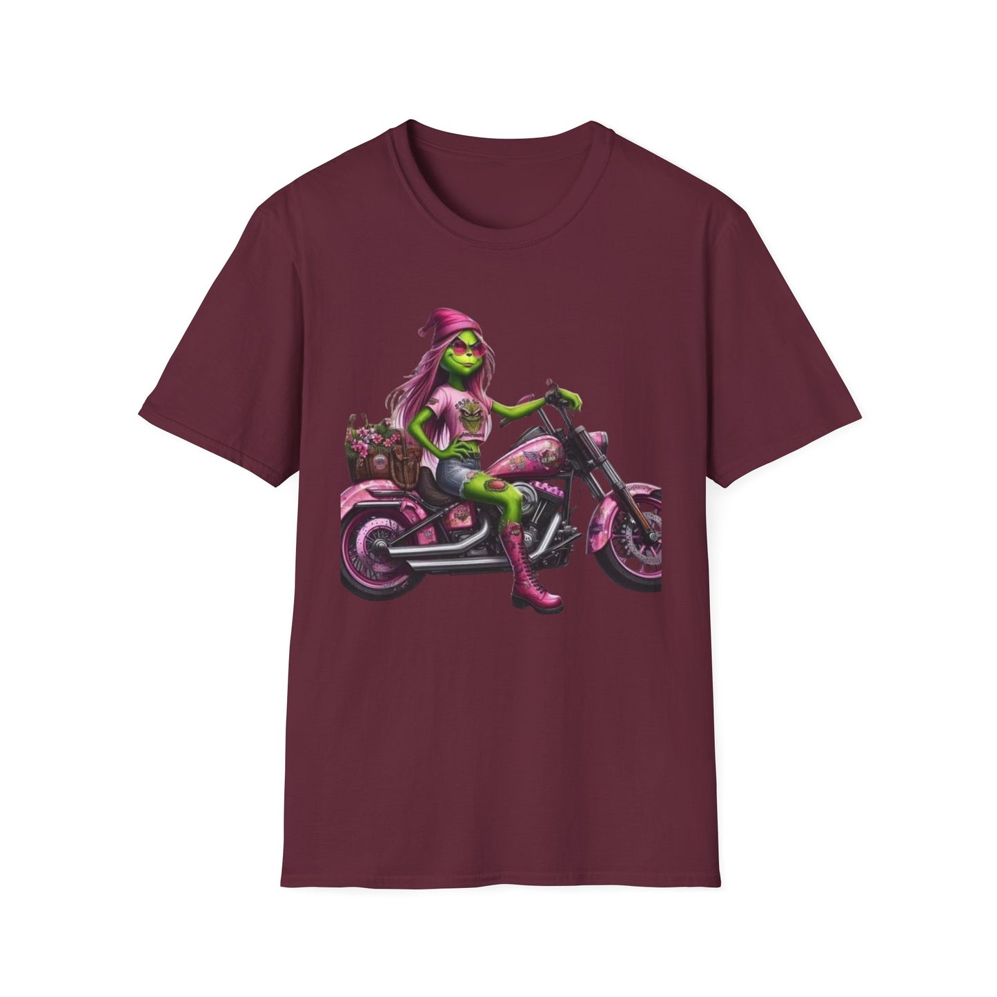 Woman Grinch Biker T-Shirt Maroon Printify T-Shirt Rhythm & Drip Apparel