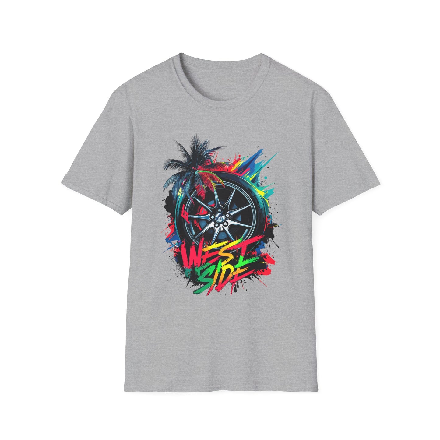 West Side Vibe Unisex Softstyle T-Shirt - Colorful Wheel & Palm Design Sport Grey Printify T-Shirt Rhythm & Drip Apparel