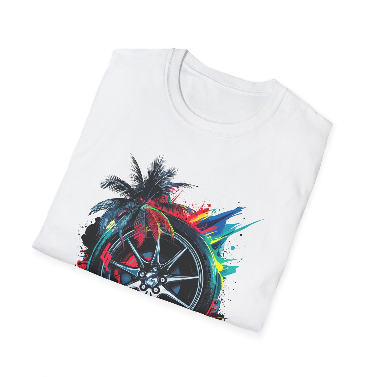 West Side Vibe Unisex Softstyle T-Shirt - Colorful Wheel & Palm Design Printify T-Shirt Rhythm & Drip Apparel
