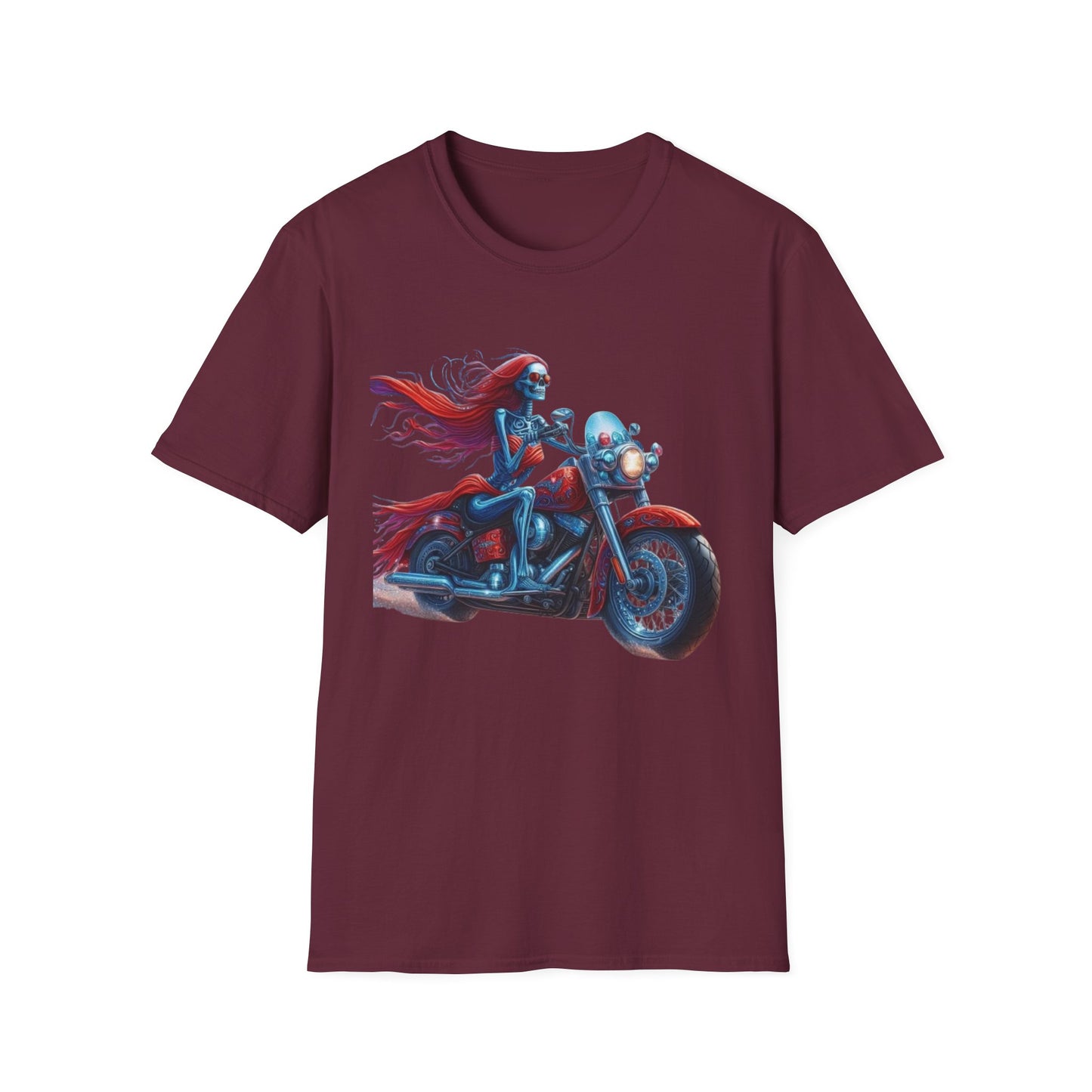 Woman Skeleton Biker T-Shirt Maroon Printify T-Shirt Rhythm & Drip Apparel
