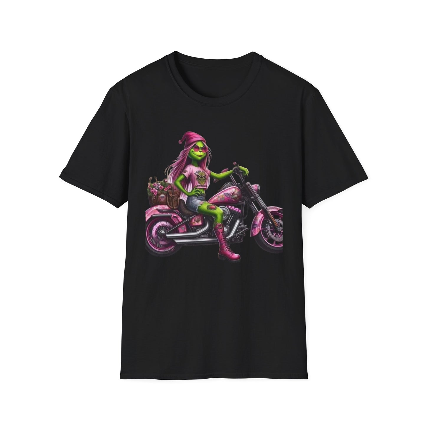 Woman Grinch Biker T-Shirt Black Printify T-Shirt Rhythm & Drip Apparel