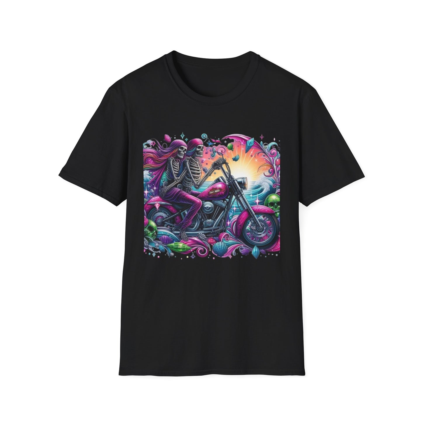 Woman & Man Skeleton Biker T-Shirt Black Printify T-Shirt Rhythm & Drip Apparel