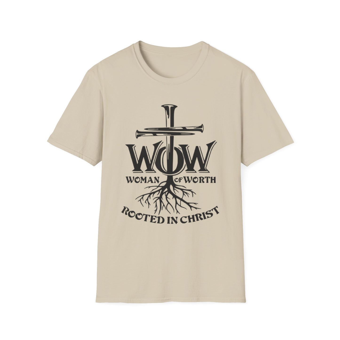 Woman of Worth, Rooted in Christ Sand Printify T-Shirt Rhythm & Drip Apparel