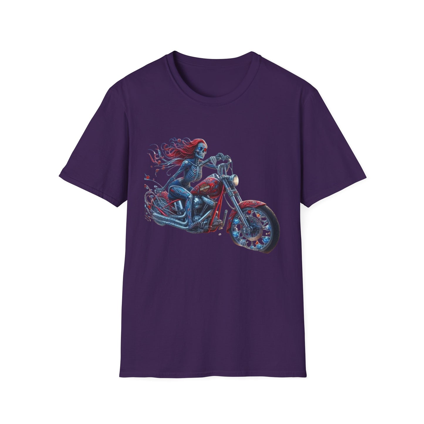 Woman Skeleton Biker T-Shirt Purple Printify T-Shirt Rhythm & Drip Apparel