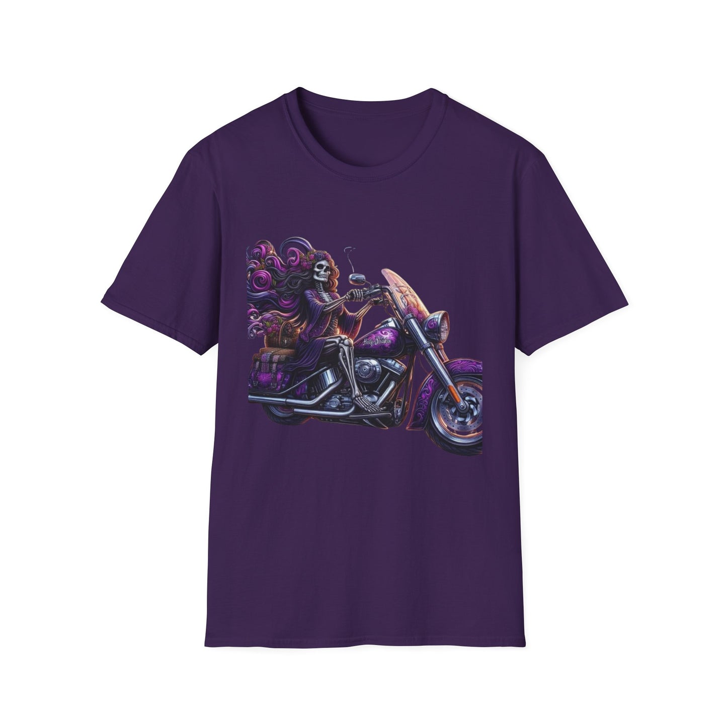 Woman Skeleton Biker T-Shirt Purple Printify T-Shirt Rhythm & Drip Apparel