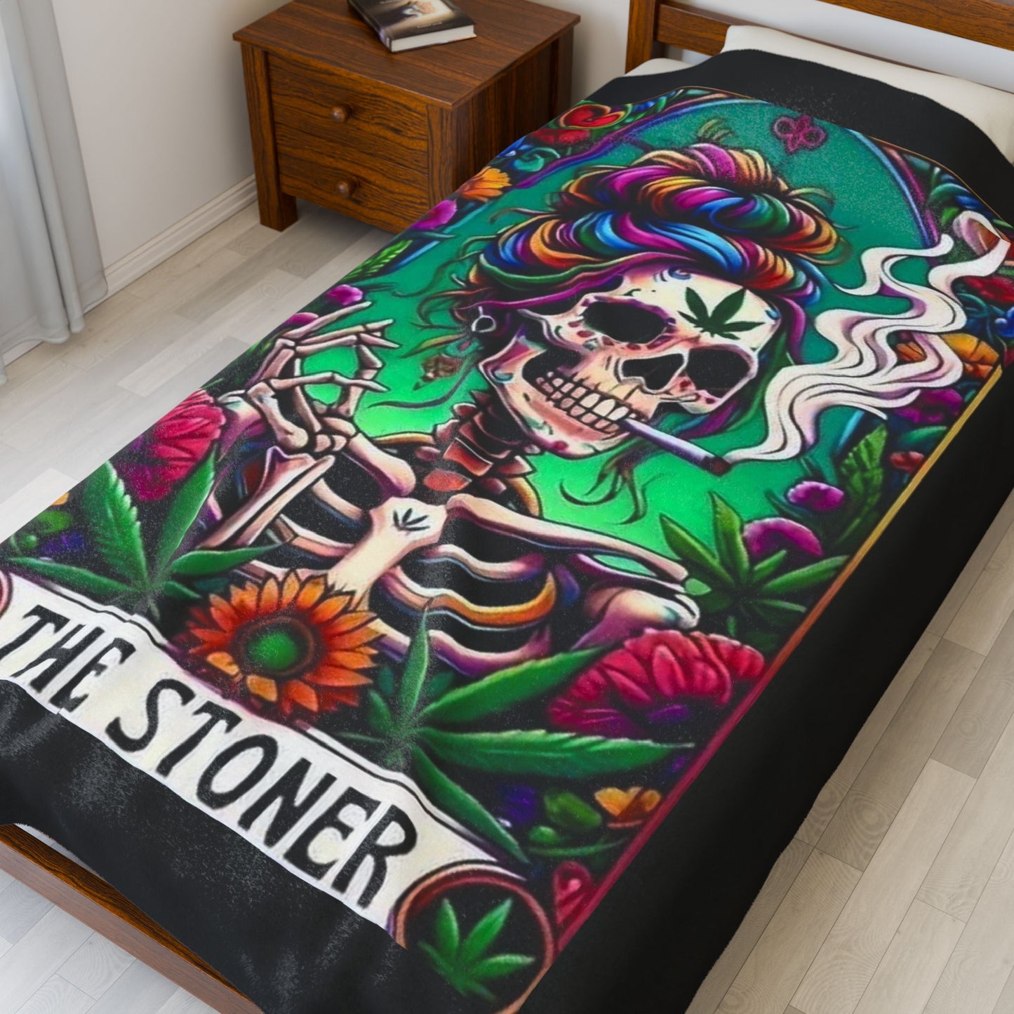 Tarot- Skull Stoner Velveteen Plush Blanket, Cozy Throw for Home, Gift for Smokers, Vibrant Decor, Halloween, Chill Vibes Printify All Over Prints Rhythm & Drip Apparel