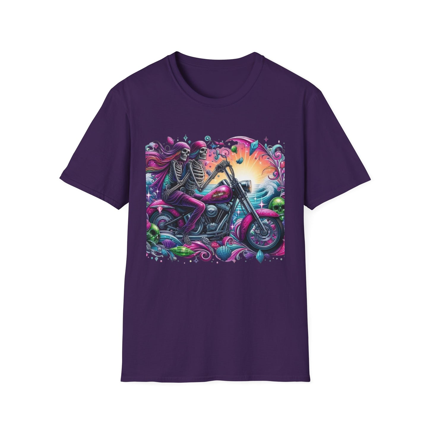 Woman & Man Skeleton Biker T-Shirt Purple Printify T-Shirt Rhythm & Drip Apparel