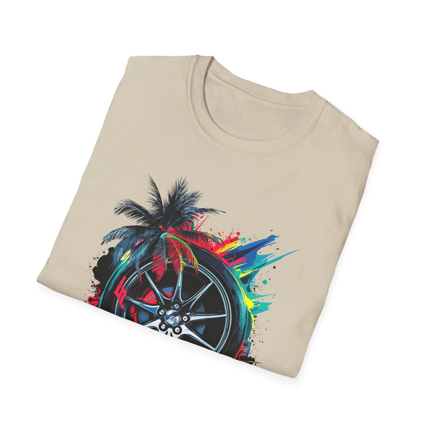 West Side Vibe Unisex Softstyle T-Shirt - Colorful Wheel & Palm Design Printify T-Shirt Rhythm & Drip Apparel
