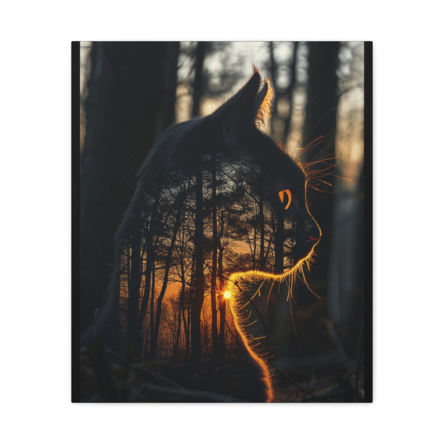 Cat- Silhouette Wall Art - Forest Sunset Canvas Decor, Animal Lover Gift, Home Decoration, Nature Inspired Art, Cat Aesthetic 20" x 24" (Vertical) 1.25" Rhythm & Drip Canvas Rhythm & Drip Apparel