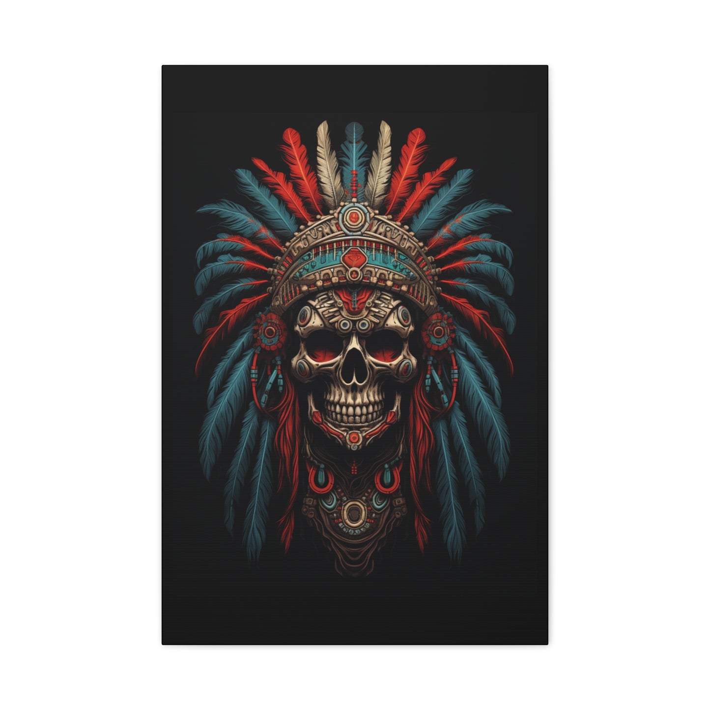 Skull- Bohemian Skull Warrior Canvas Art Print, Stretched Artwork for Home Decor, Tribal Wall Art, Unique Gift, Boho Aesthetic 20″ x 30″ (Vertical) 1.25" Rhythm & Drip Canvas Rhythm & Drip Apparel
