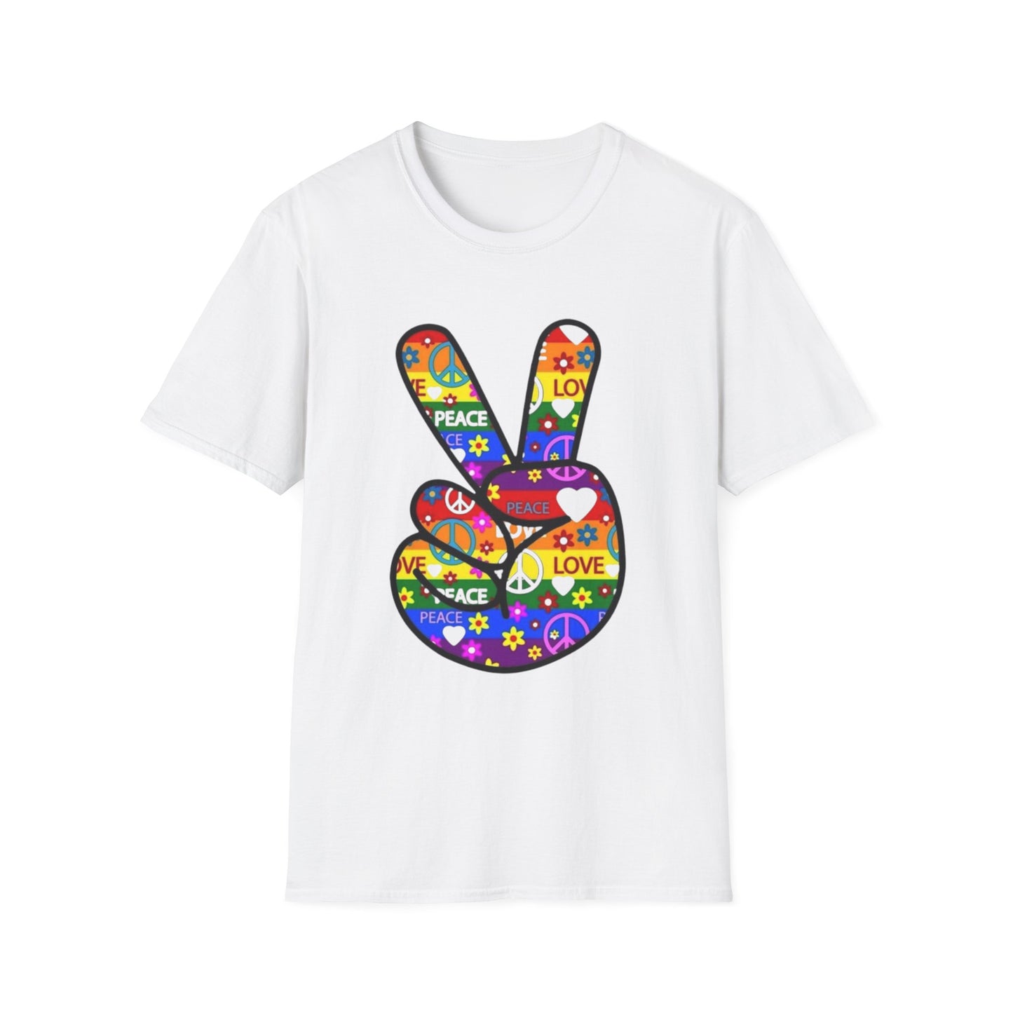 Colorful Peace and Love T-Shirt White Printify T-Shirt Rhythm & Drip Apparel