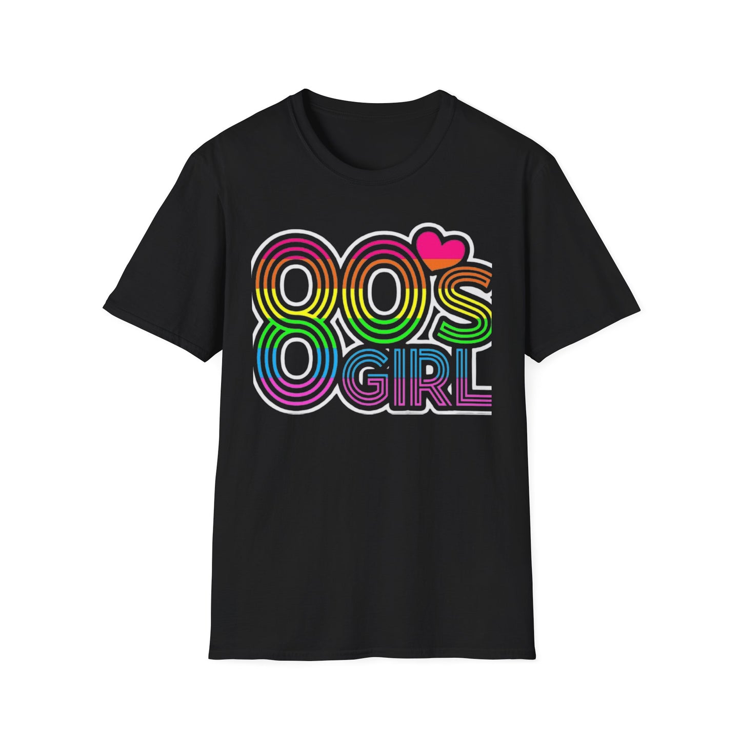80s Retro 80's Girl Rainbow T-Shirt Black Printify T-Shirt Rhythm & Drip Apparel