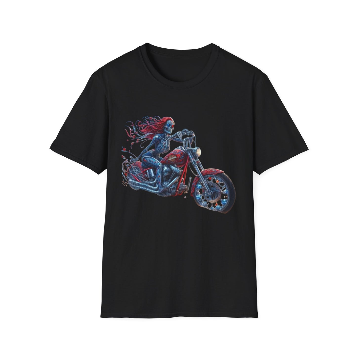 Woman Skeleton Biker T-Shirt Black Printify T-Shirt Rhythm & Drip Apparel