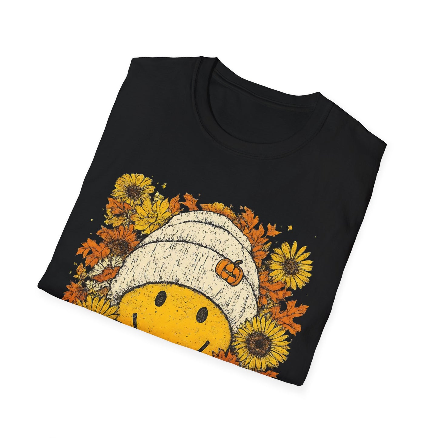 Happy Fall Smile T-Shirt, Unisex Softstyle Tee, Fall Fashion, Cute Graphic Shirt, Perfect for Autumn, Gifts for Her Printify T-Shirt Rhythm & Drip Apparel