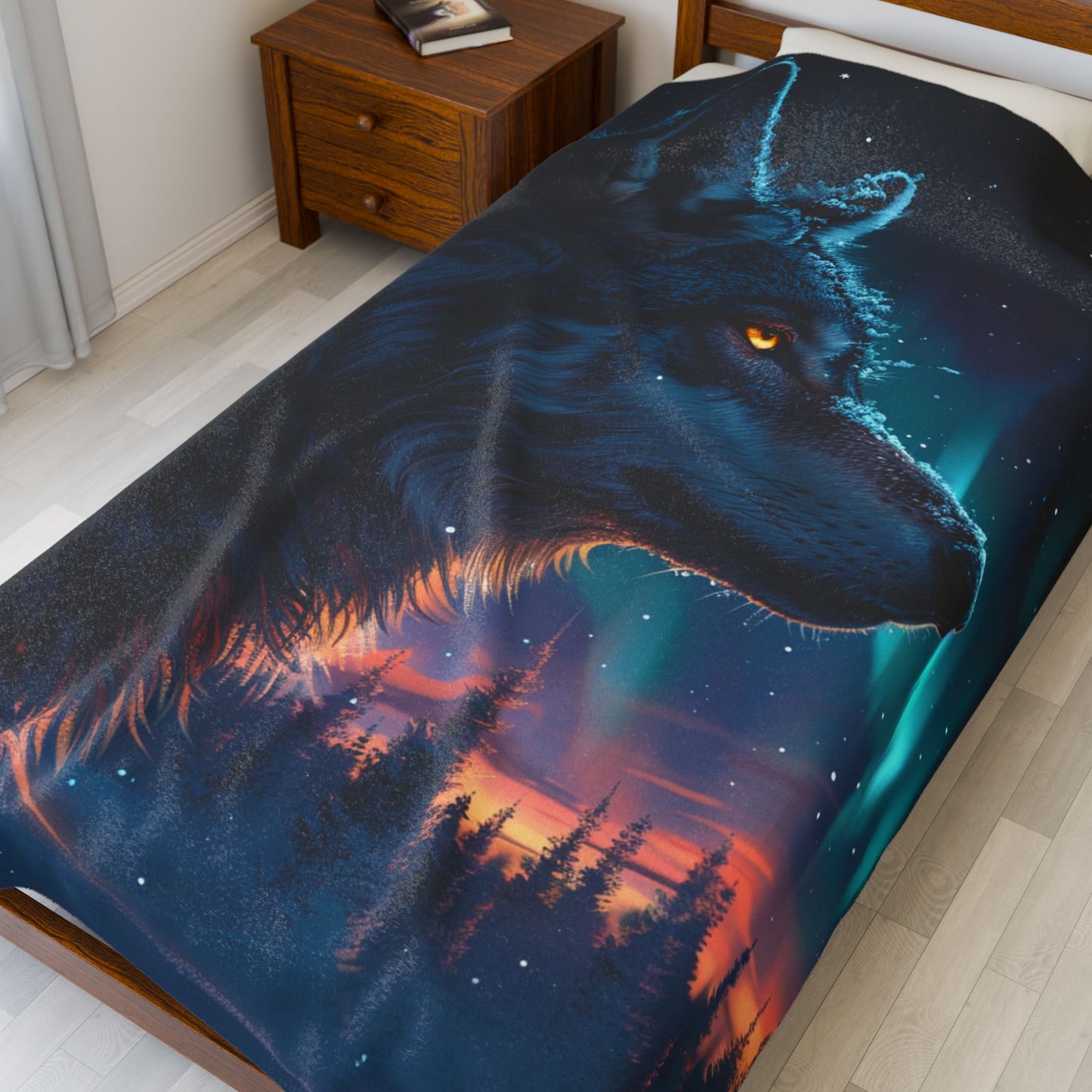 Wolf- Dreamy Wolf Velveteen Plush Blanket, Cozy Home Decor, Gift for Animal Lovers, Winter Nights, Snuggly Bed Throw Printify All Over Prints Rhythm & Drip Apparel