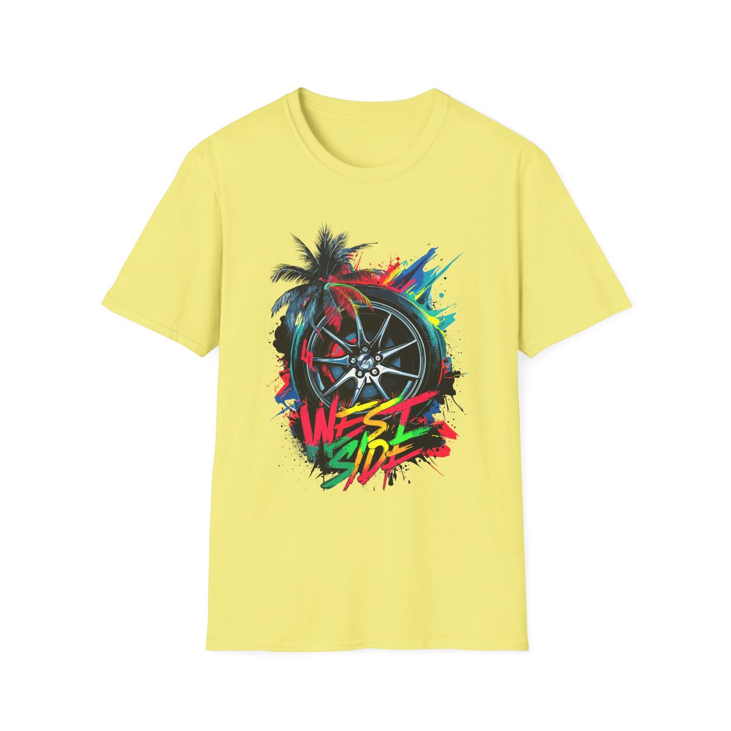 West Side Vibe Unisex Softstyle T-Shirt - Colorful Wheel & Palm Design Cornsilk Printify T-Shirt Rhythm & Drip Apparel