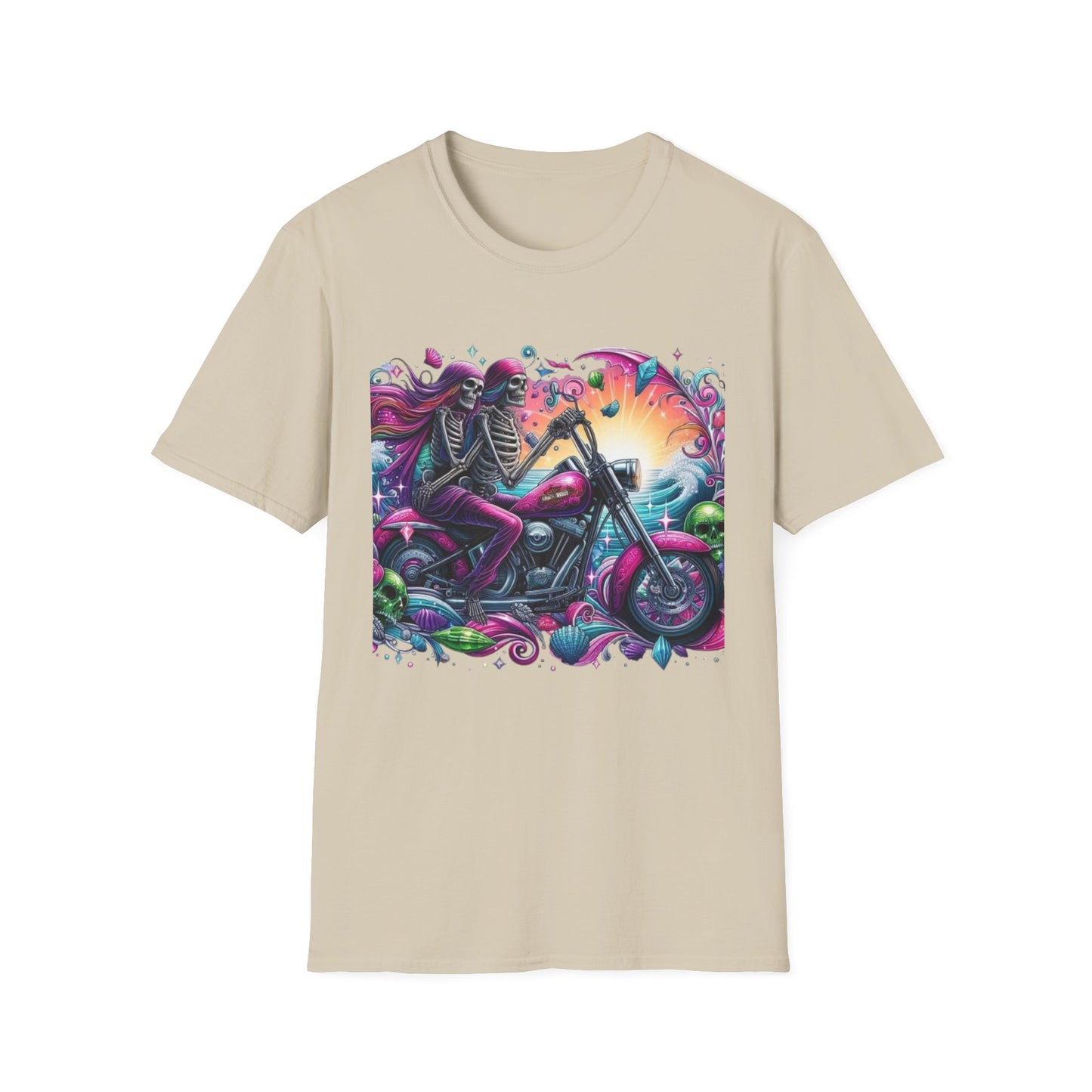 Woman & Man Skeleton Biker T-Shirt Sand Printify T-Shirt Rhythm & Drip Apparel