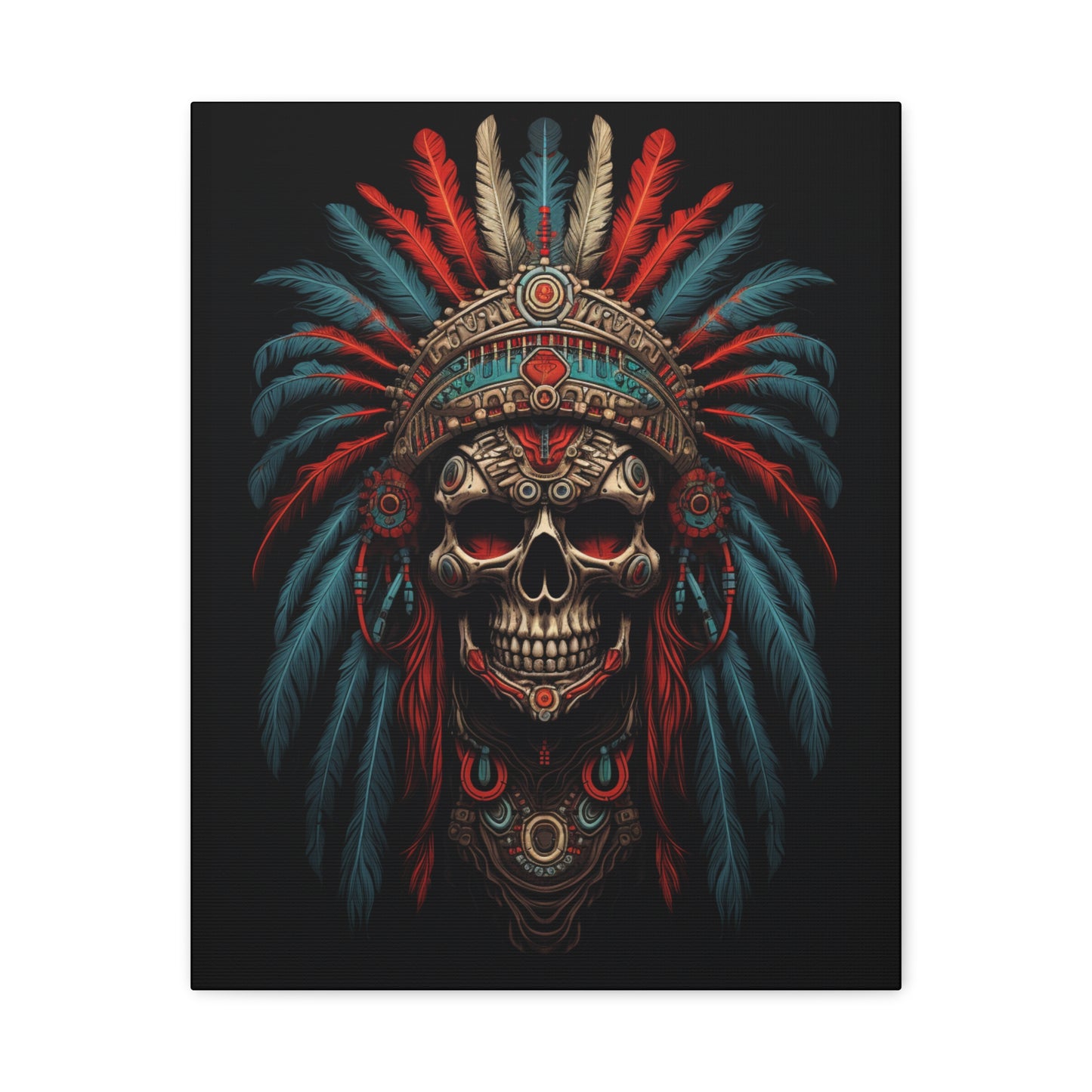 Skull- Bohemian Skull Warrior Canvas Art Print, Stretched Artwork for Home Decor, Tribal Wall Art, Unique Gift, Boho Aesthetic 16" x 20" (Vertical) 1.25" Rhythm & Drip Canvas Rhythm & Drip Apparel