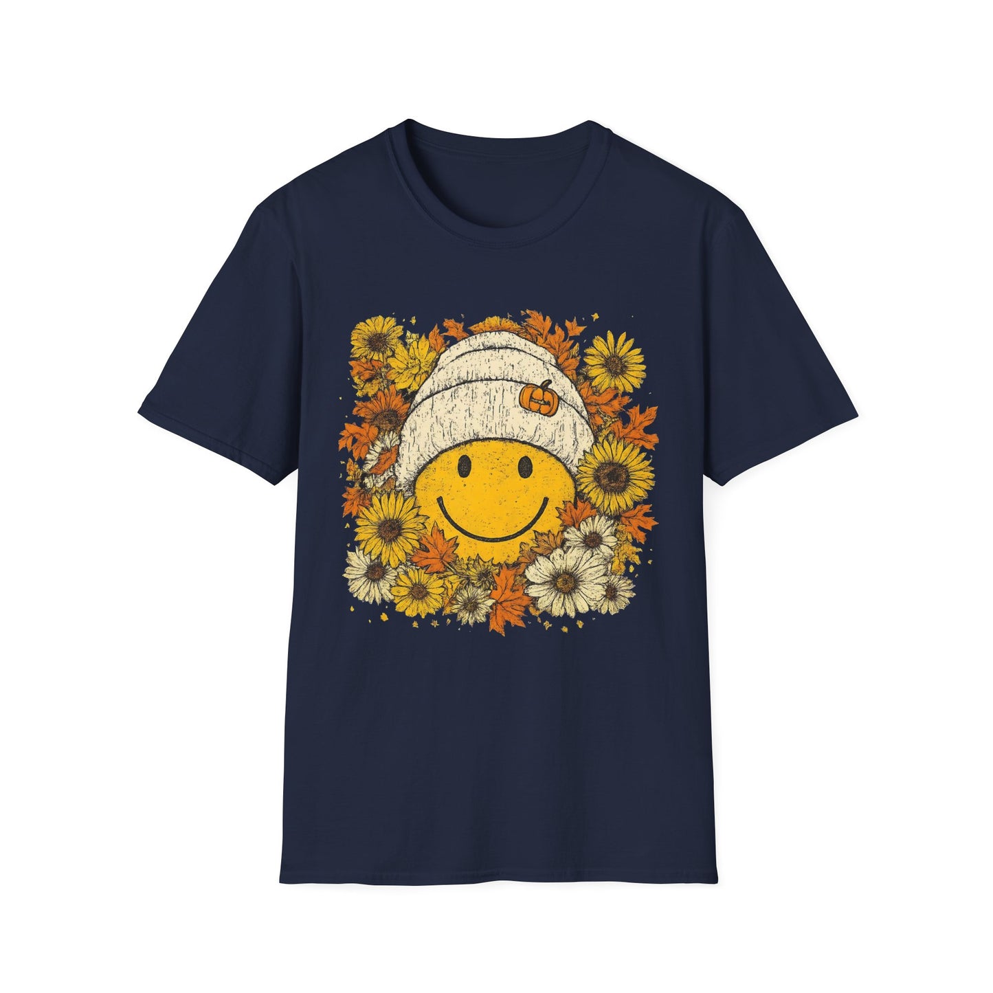 Happy Fall Smile T-Shirt, Unisex Softstyle Tee, Fall Fashion, Cute Graphic Shirt, Perfect for Autumn, Gifts for Her Navy Printify T-Shirt Rhythm & Drip Apparel