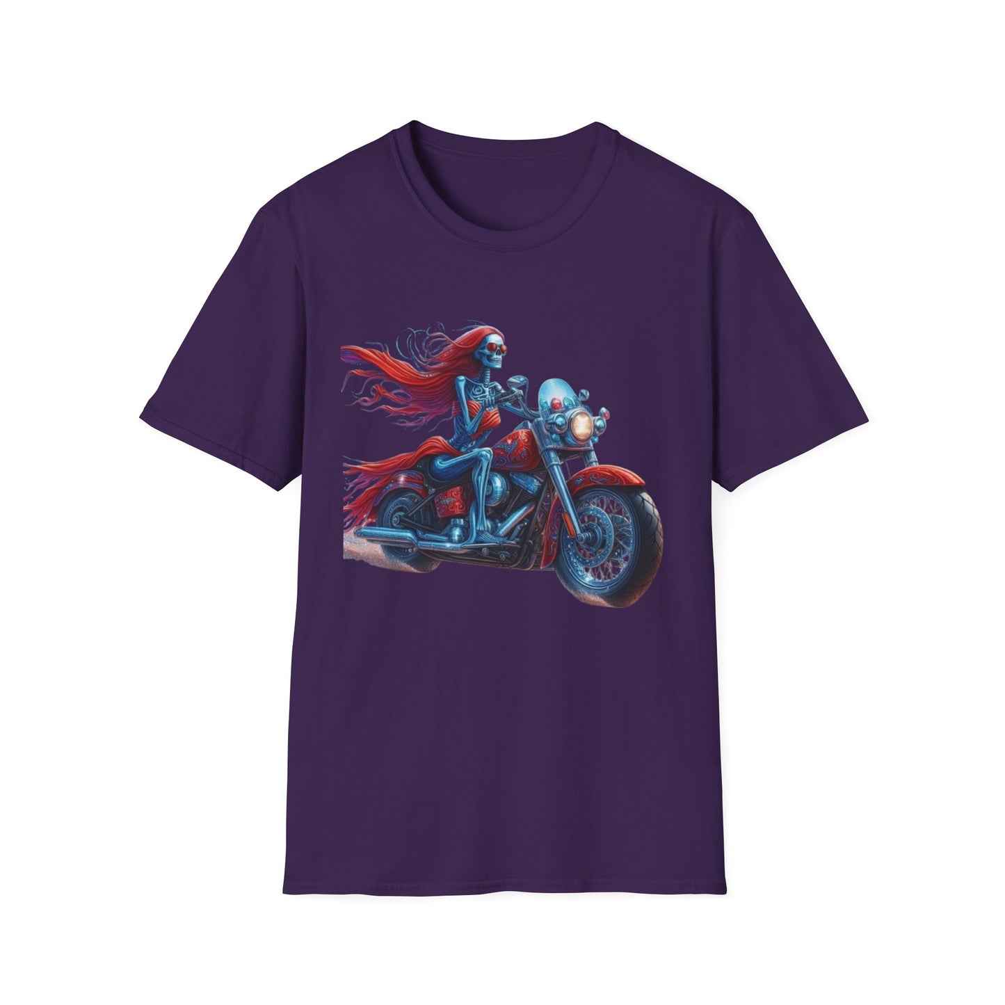Woman Skeleton Biker T-Shirt Purple Printify T-Shirt Rhythm & Drip Apparel