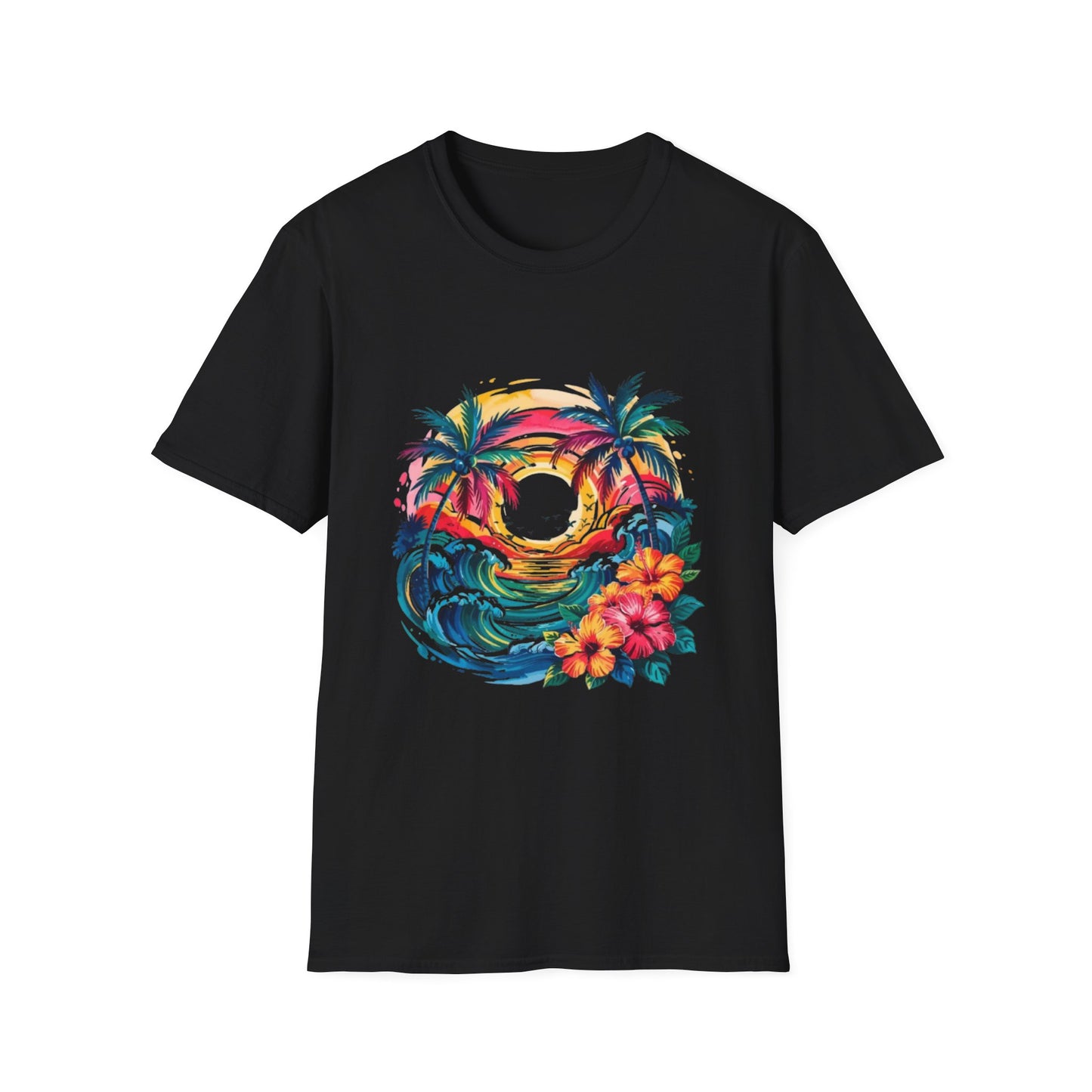 Summer- Tropical Sunset T-Shirt Black Printify T-Shirt Rhythm & Drip Apparel