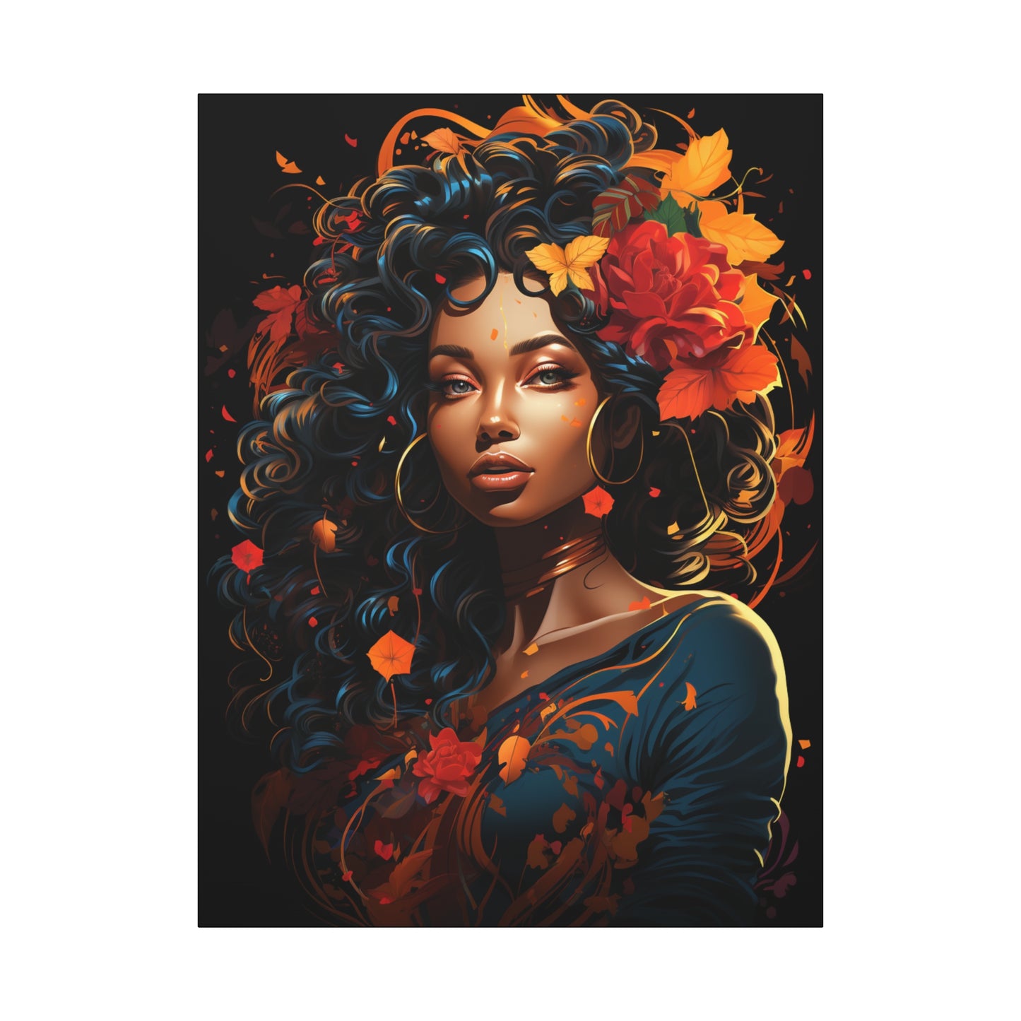 Woman- Bold Afro Woman Canvas Art, Black Art Print, Floral Wall Decor, Modern Home Decor, African American Artwork 36" x 48" (Vertical) 1.25" Rhythm & Drip Canvas Rhythm & Drip Apparel