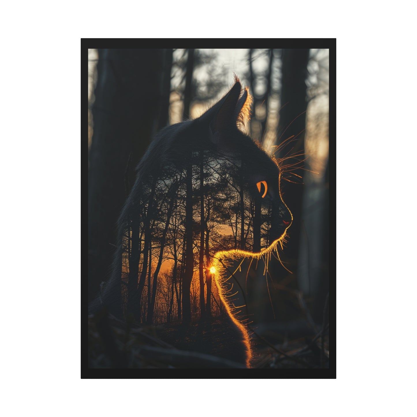 Cat- Silhouette Wall Art - Forest Sunset Canvas Decor, Animal Lover Gift, Home Decoration, Nature Inspired Art, Cat Aesthetic 36" x 48" (Vertical) 1.25" Rhythm & Drip Canvas Rhythm & Drip Apparel