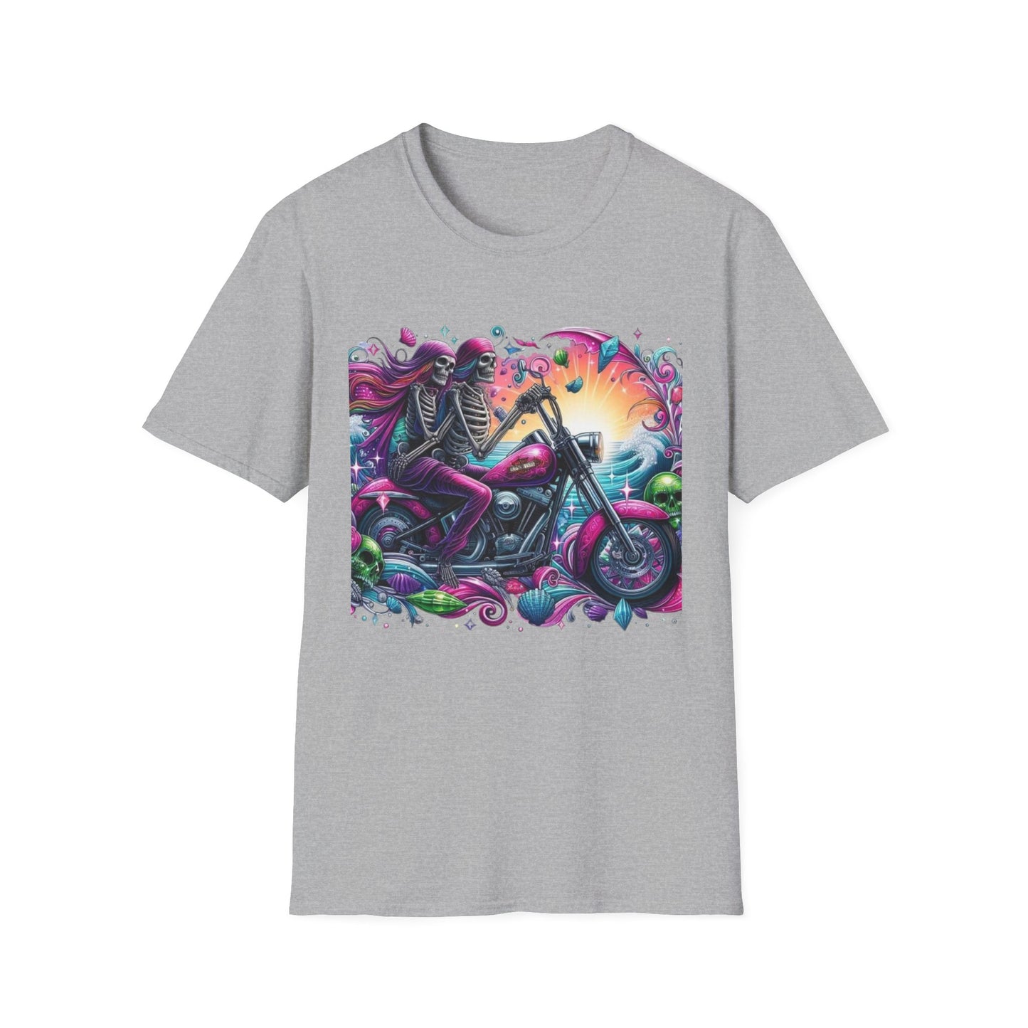 Woman & Man Skeleton Biker T-Shirt Sport Grey Printify T-Shirt Rhythm & Drip Apparel
