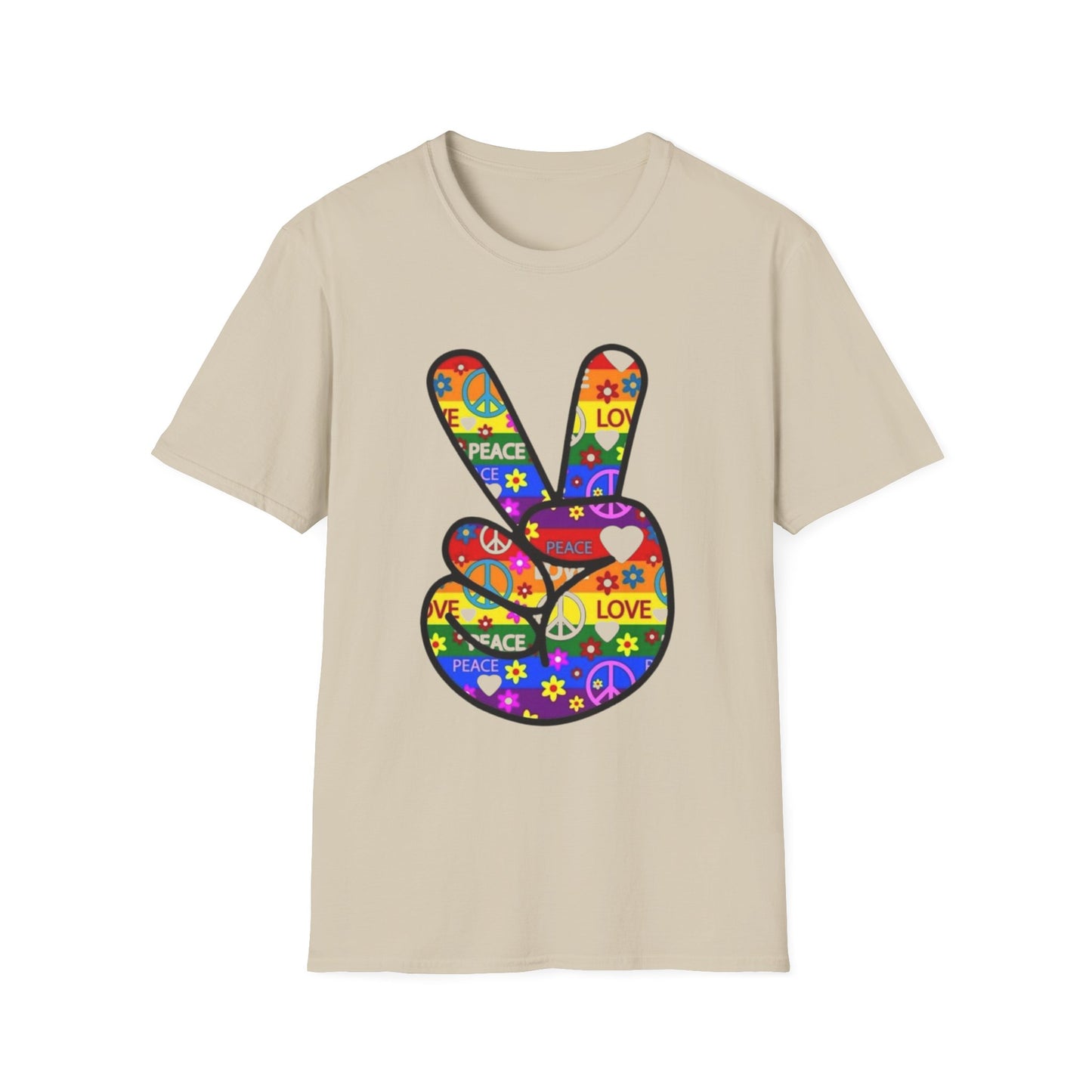Colorful Peace and Love T-Shirt Sand Printify T-Shirt Rhythm & Drip Apparel
