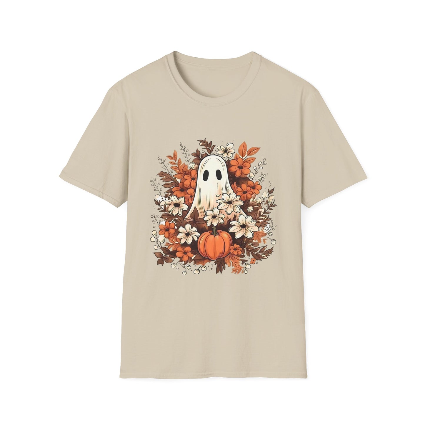 Autumn Ghost Unisex T-Shirt, Fall Apparel, Halloween Tee, Cute Pumpkin Shirt, Cozy Fall Fashion, Gift Idea for Halloween Lovers Sand Printify T-Shirt Rhythm & Drip Apparel