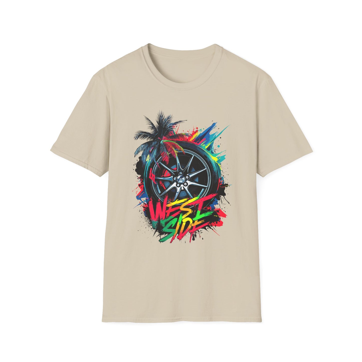 West Side Vibe Unisex Softstyle T-Shirt - Colorful Wheel & Palm Design Sand Printify T-Shirt Rhythm & Drip Apparel