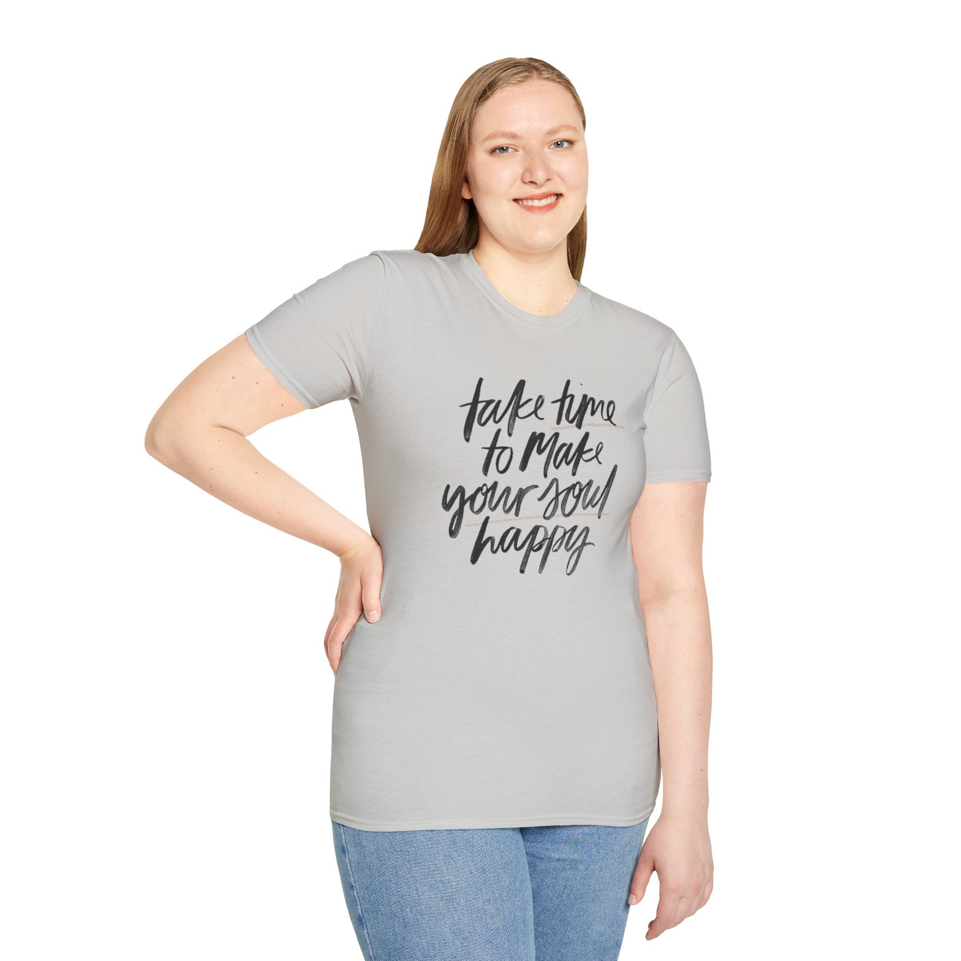 Inspirational Unisex Softstyle T-Shirt - 'Take Time to Make Your Soul Happy' - Rhythm & Drip
