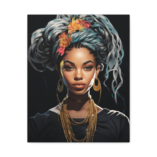 Woman- Bold Afro Woman Canvas Art, Black Art Print, Floral Wall Decor, Modern Home Decor, African American Artwork 16" x 20" (Vertical) 1.25" Rhythm & Drip Canvas Rhythm & Drip Apparel